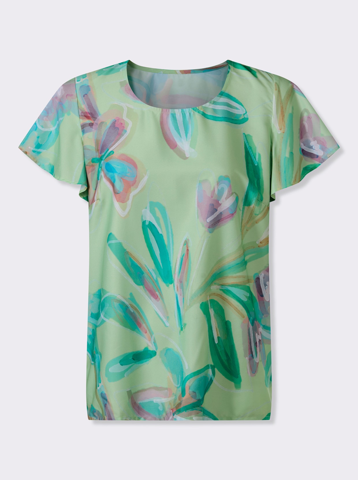 Tunika mit Flügelärmeln - reseda-rosé-bedruckt