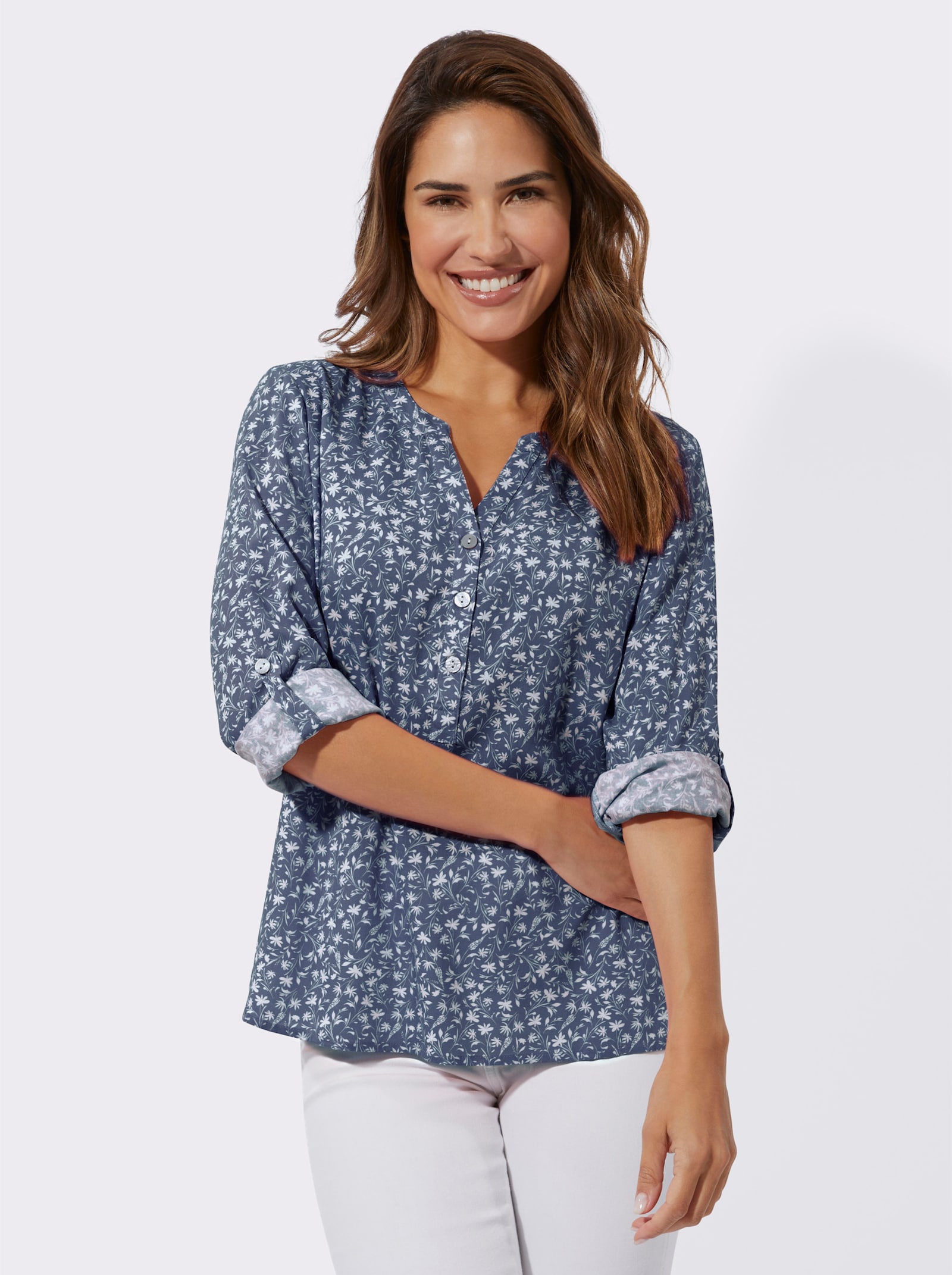 Halenka s dlouhými ohrnovacími rukávy - kouřová modrá-bílá-potisk