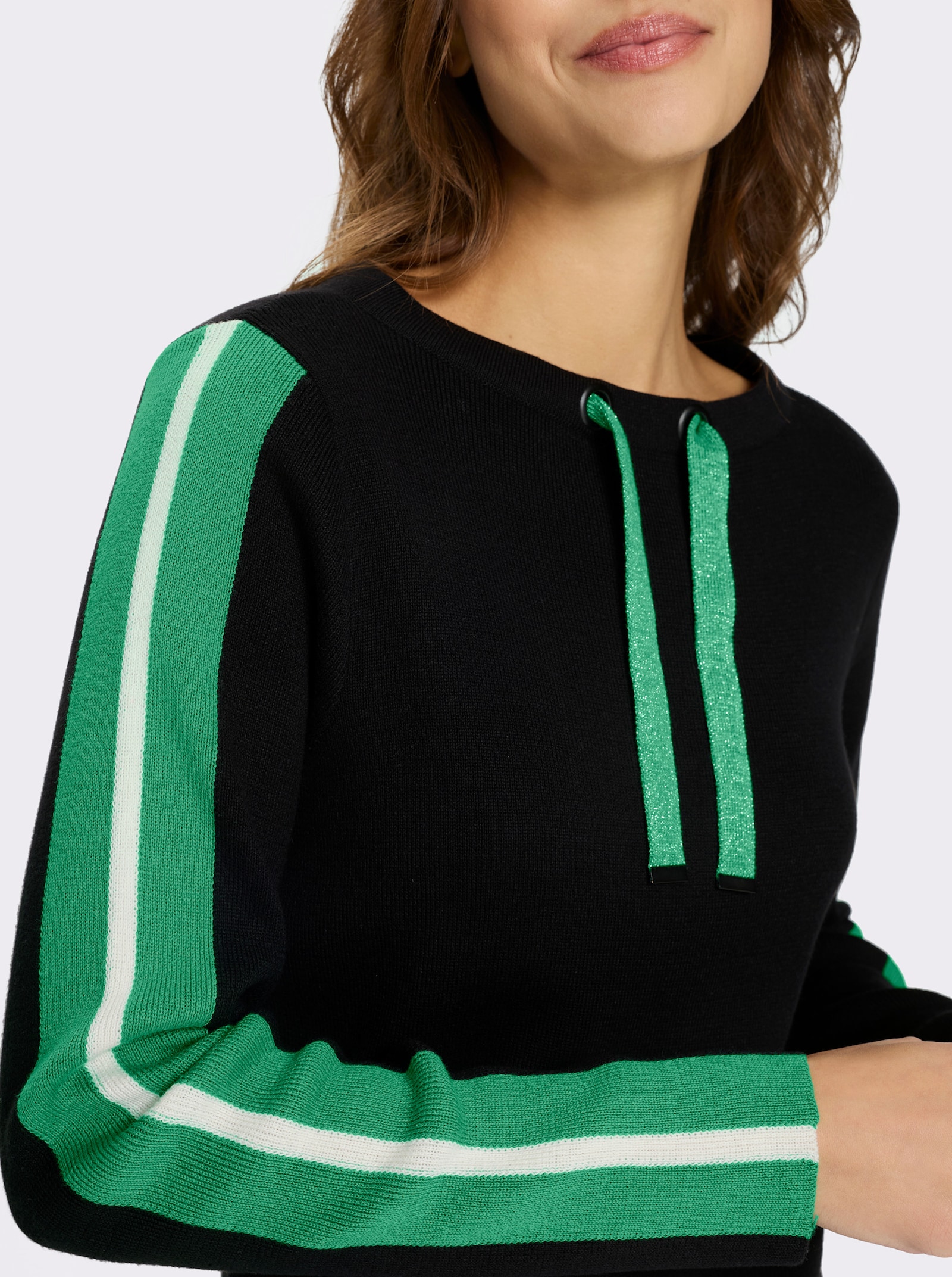 Pulóver, dlhé rukávy, kontrastné pruhy-rukávy - čier-zel. vzor