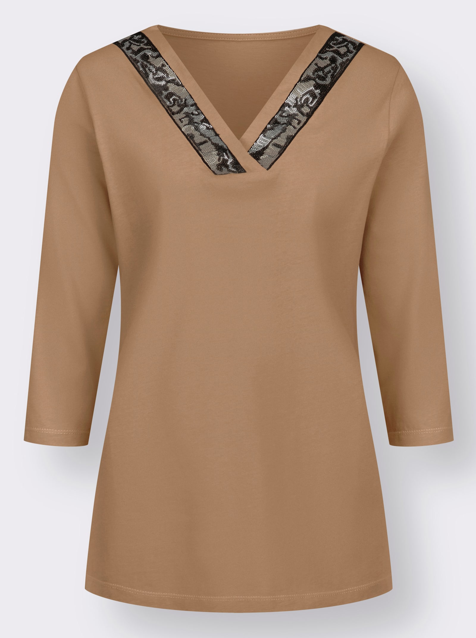 Shirt met 3/4-mouwen en versiering van pailletten - camel