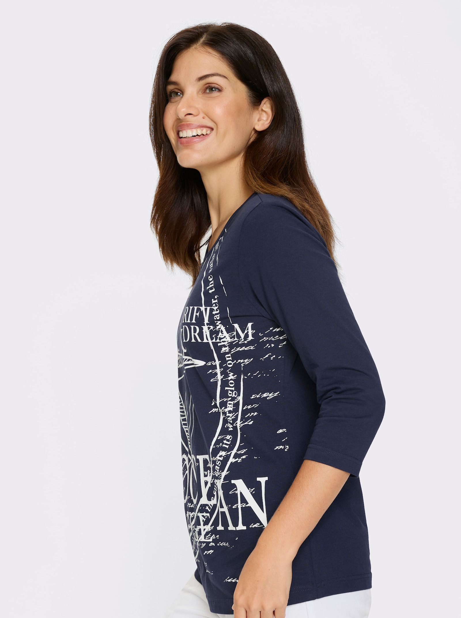 Shirt met 3/4-mouwen en op dessin geplaatste print voor - marine/wit