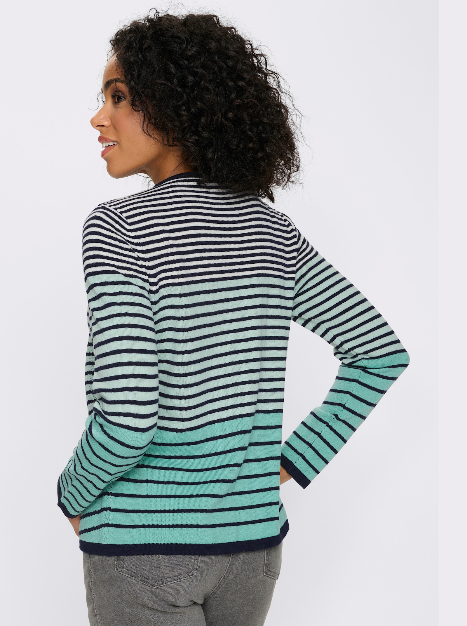 Langarm-Pullover mit Ringel-Muster, Jacquard - salbei-marine-geringelt