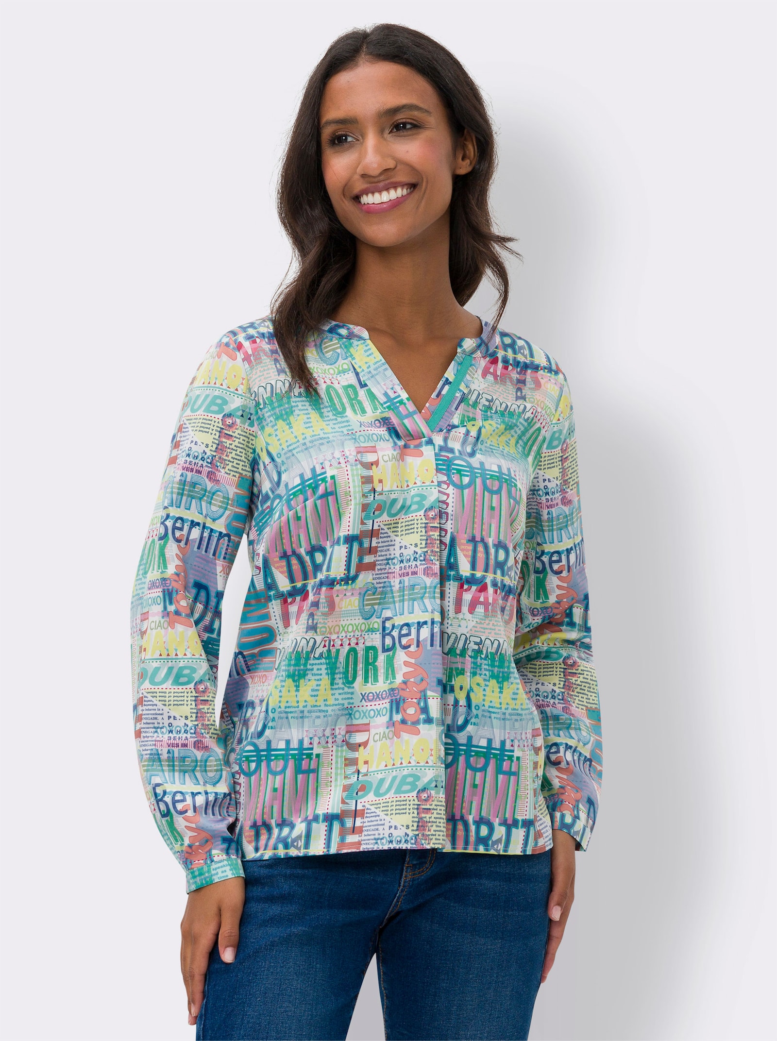 heine Druckbluse mit Kontrast-Paspeln - weiß-royalblau-bedruckt