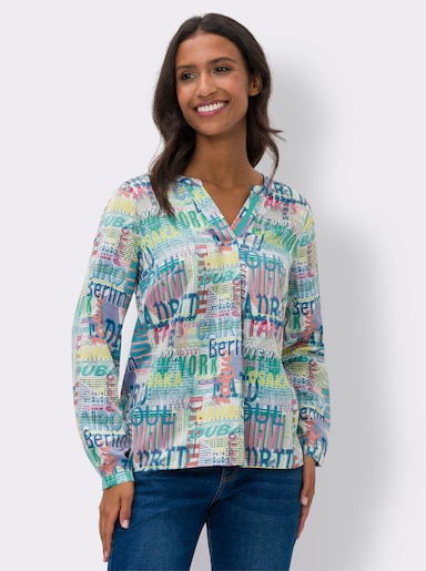 heine Druckbluse mit Kontrast-Paspeln - weiß-royalblau-bedruckt