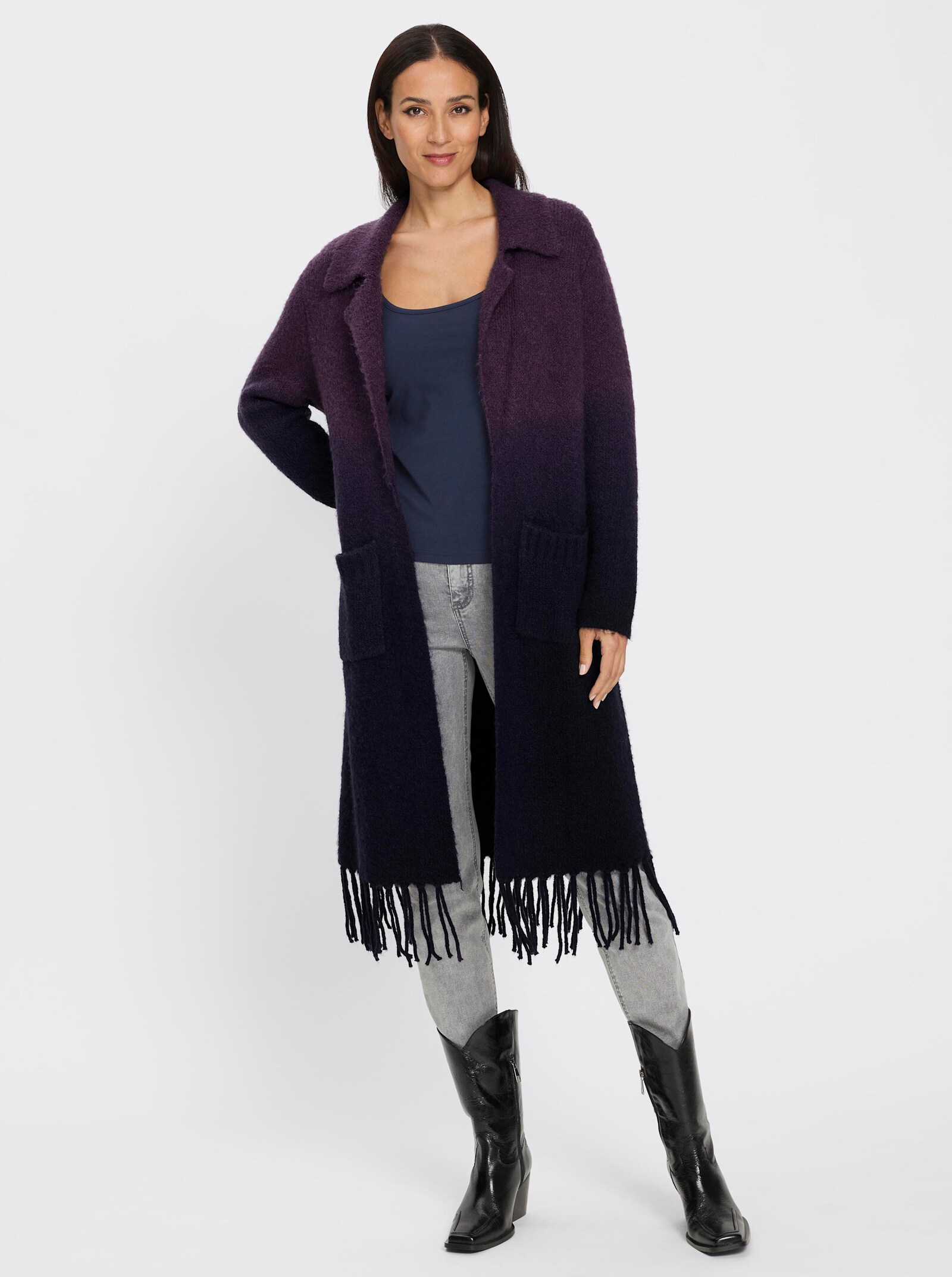 heine Strickmantel mit Fransen am Saum - marine-traube-gemustert