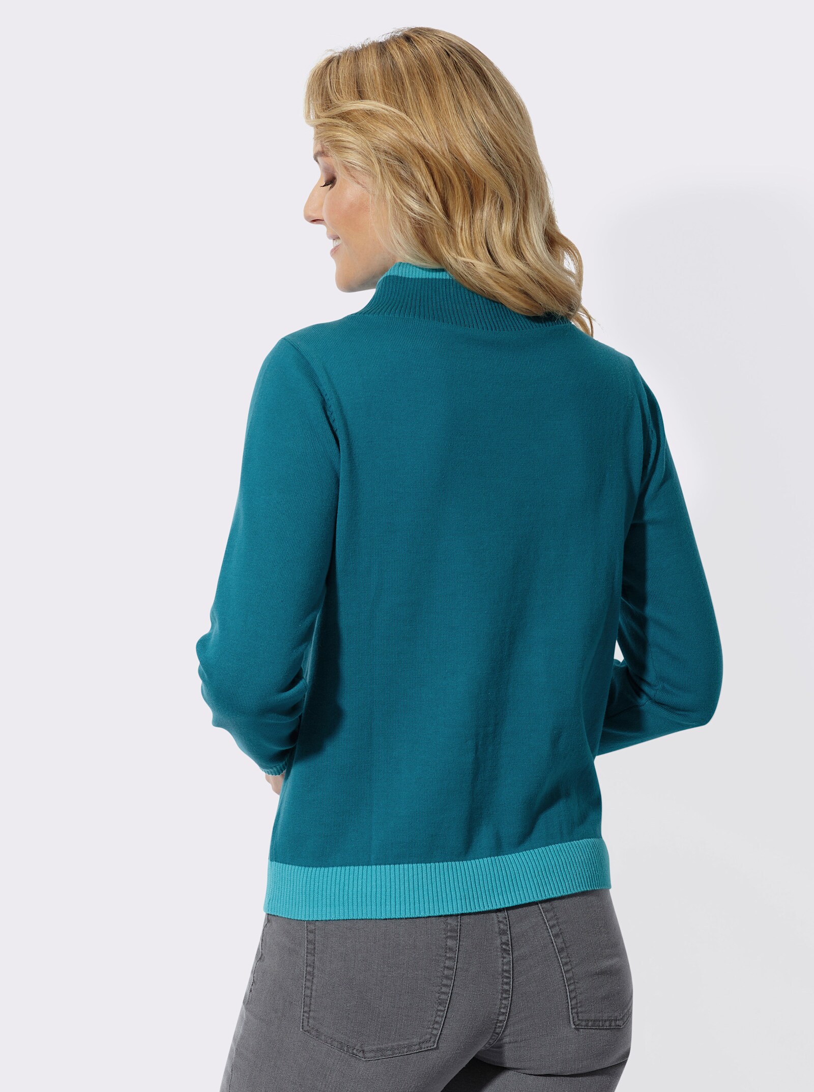 Langarm-Pullover mit kontrastfarbigen Bündchen - aquapetrol-türkis
