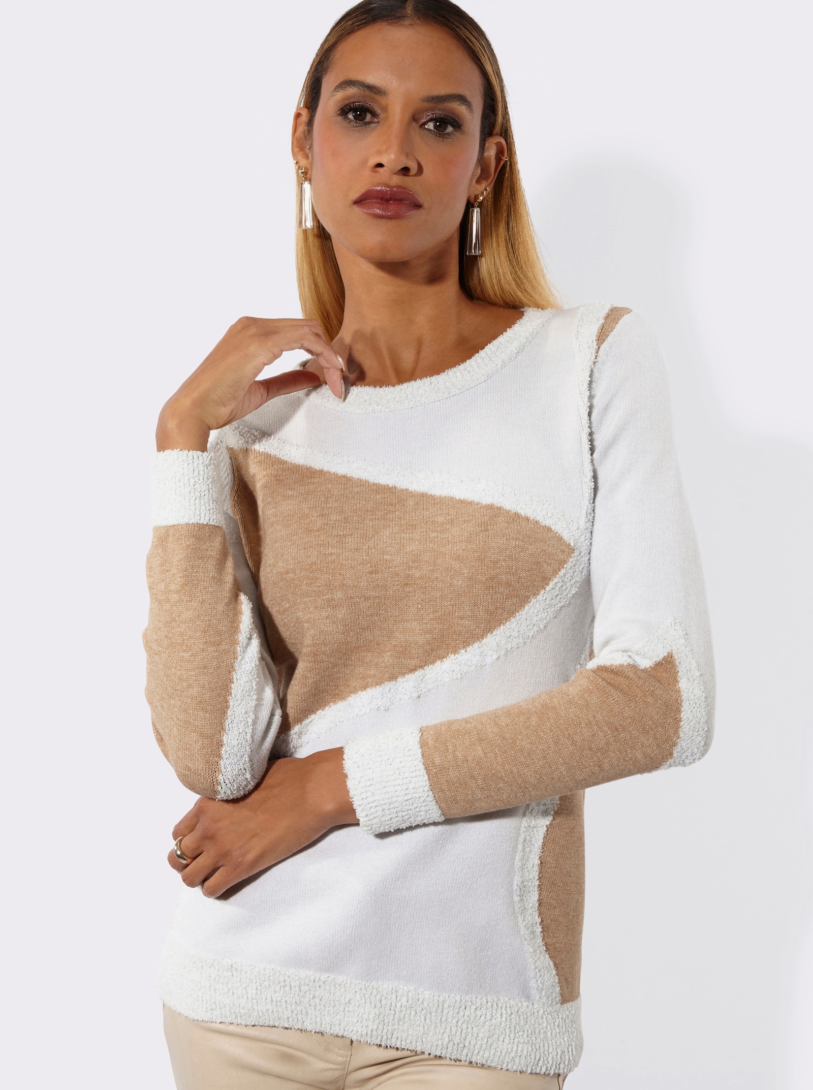 Langarm-Pullover - ecru-camel-meliert