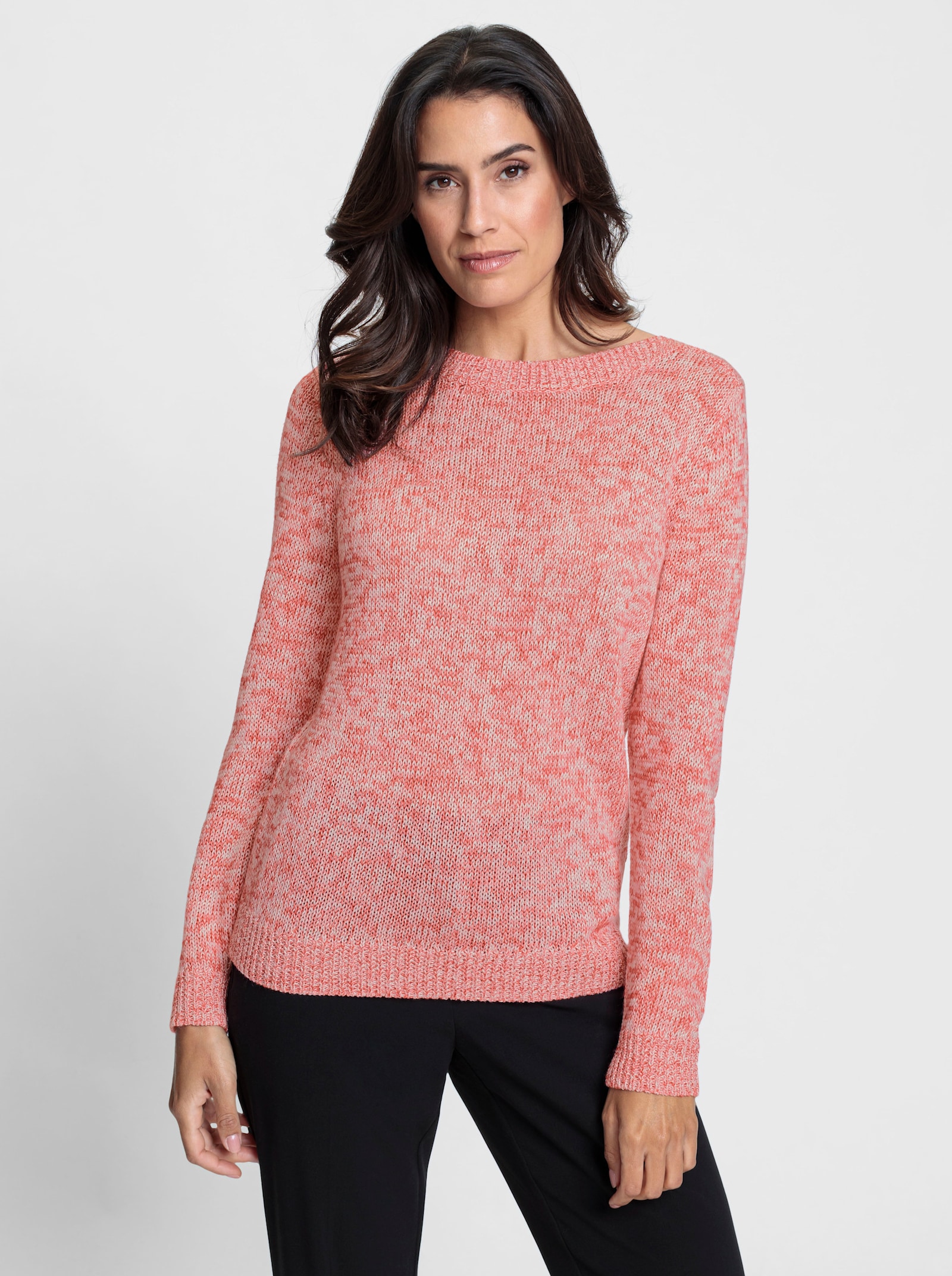 Langarm-Pullover mit Melange-Garn - ecru-erdbeere-meliert