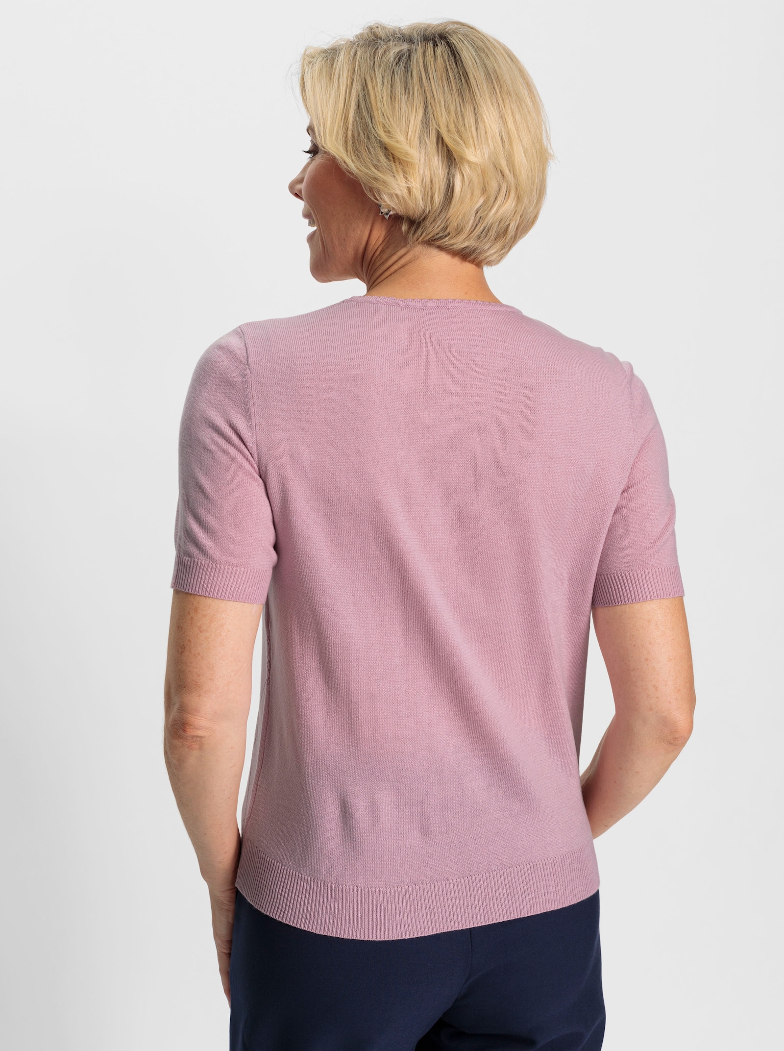 Rundhalspullover hinten glatt gestrickt - rosé