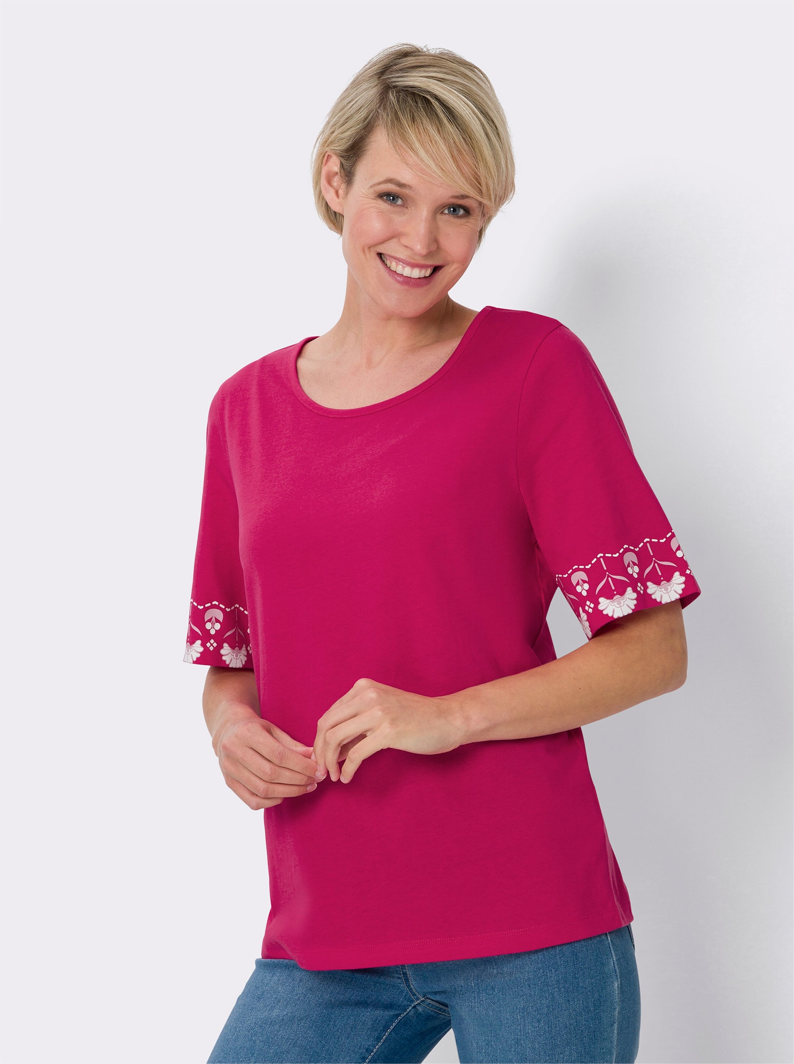 Kurzarmshirt mit Bordüren-Druck - pink-weiß