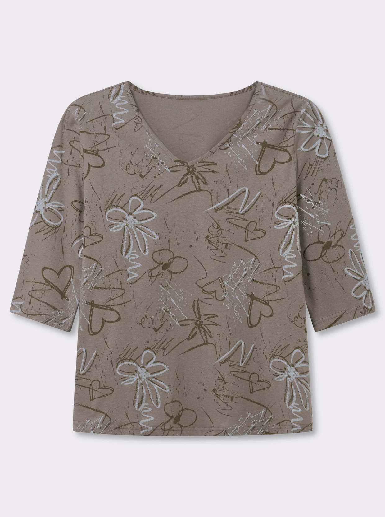 3/4-Arm-Shirt mit Herzen und Blüten verziert - taupe
