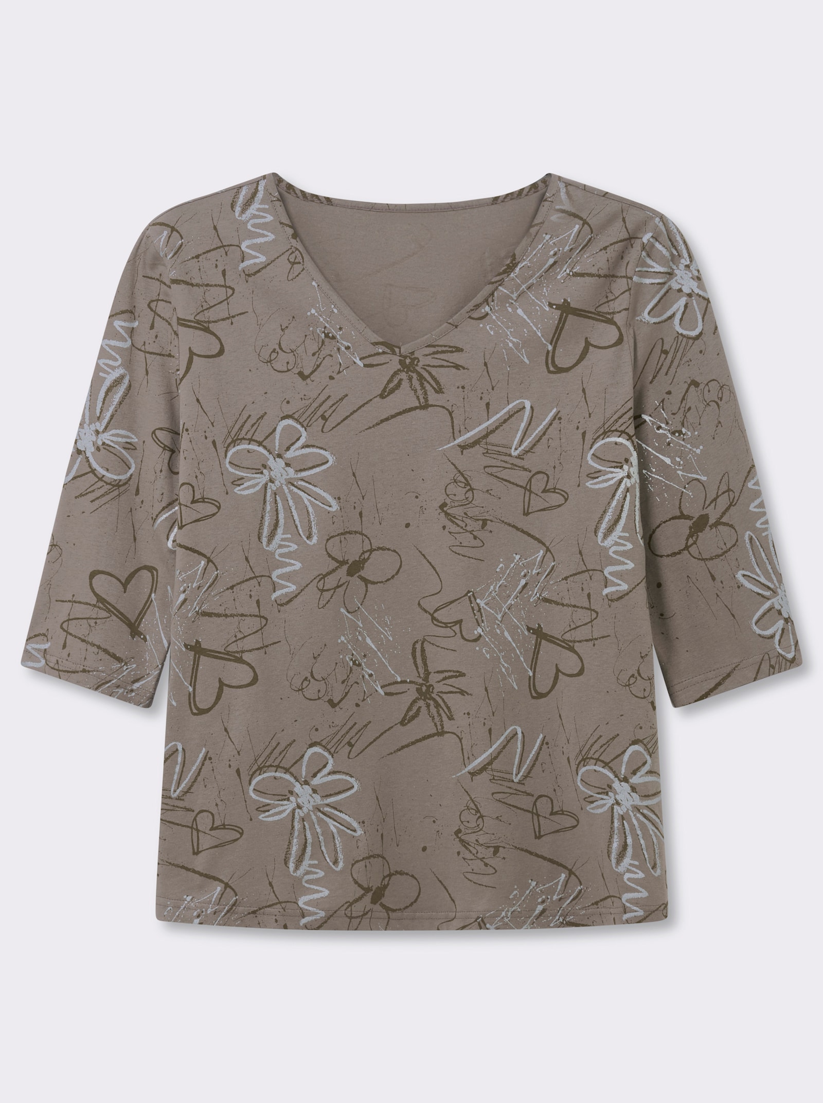 3/4-Arm-Shirt mit Herzen und Blüten verziert - taupe