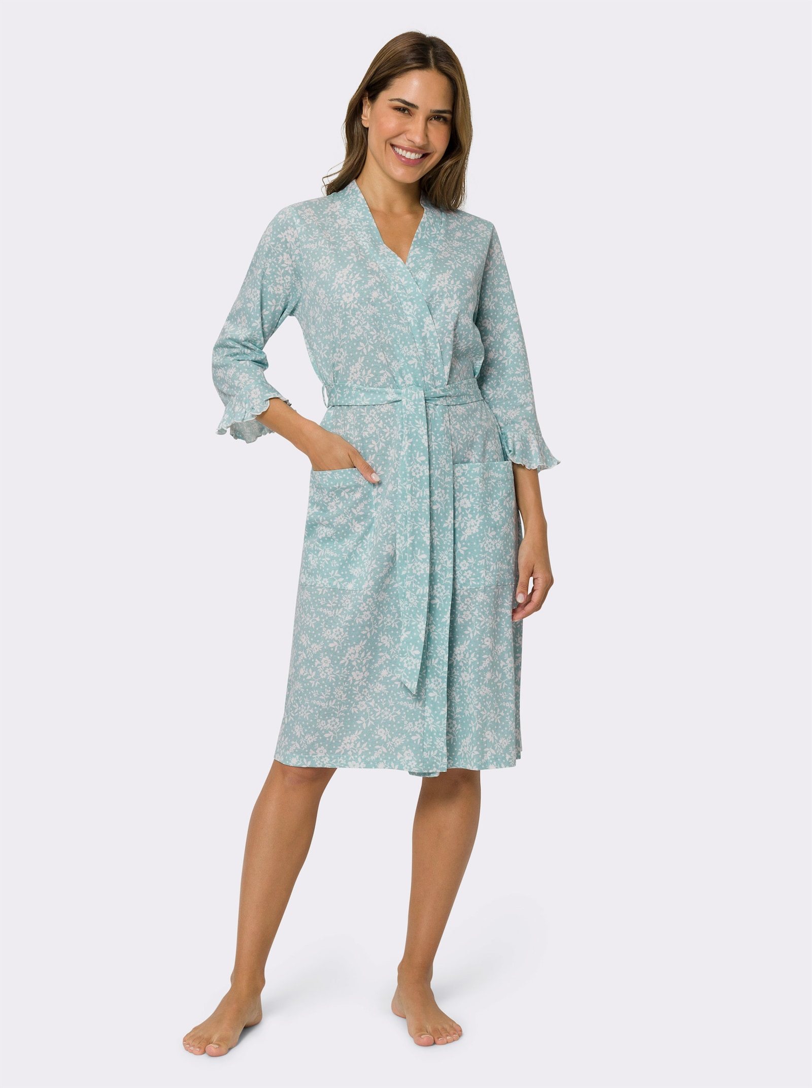 Morgenmantel im Blüten-Dessin - mint-ecru-bedruckt