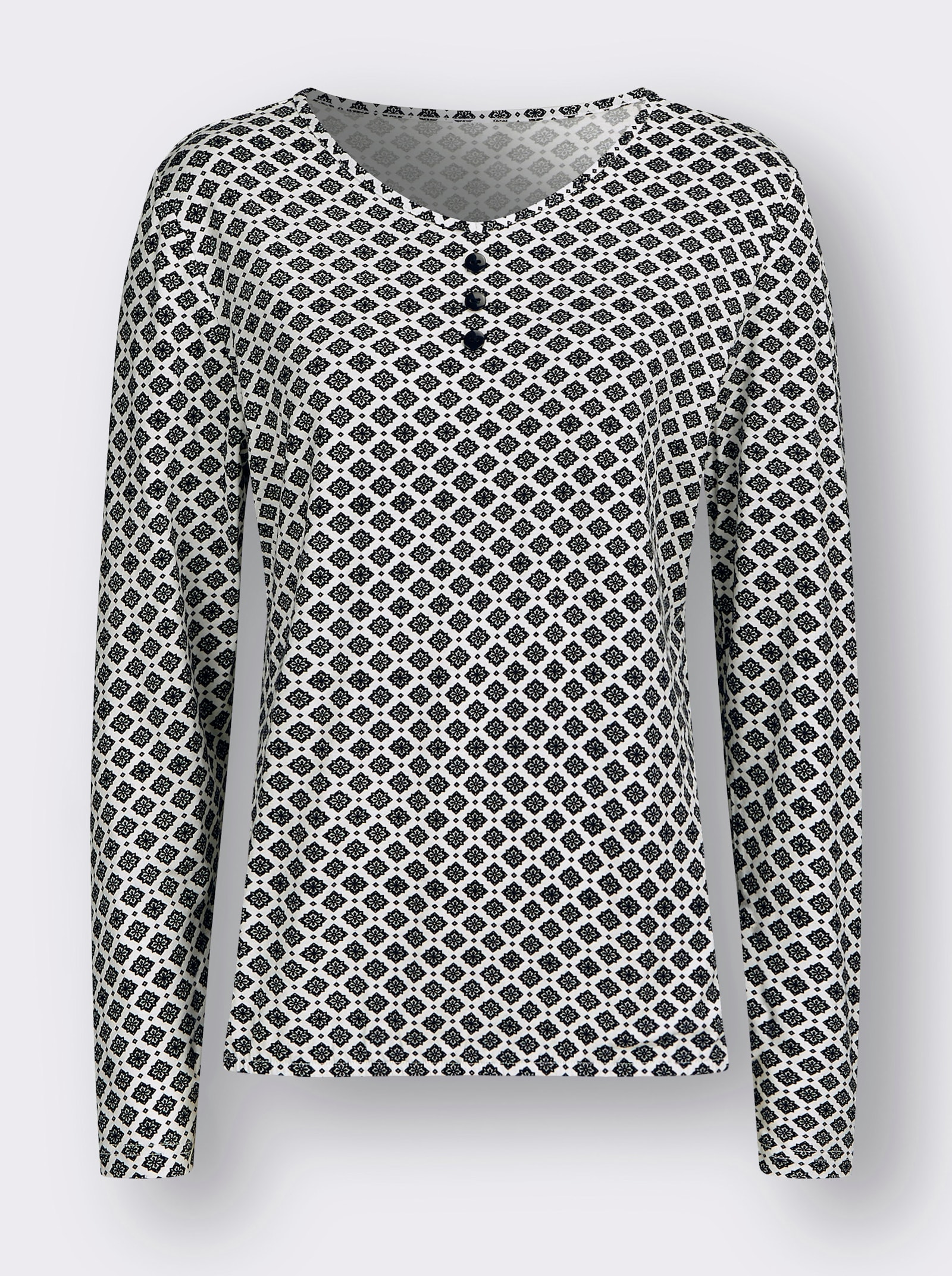 Shirt met lange mouwen en sierknoopsluiting - ecru/zwart geprint