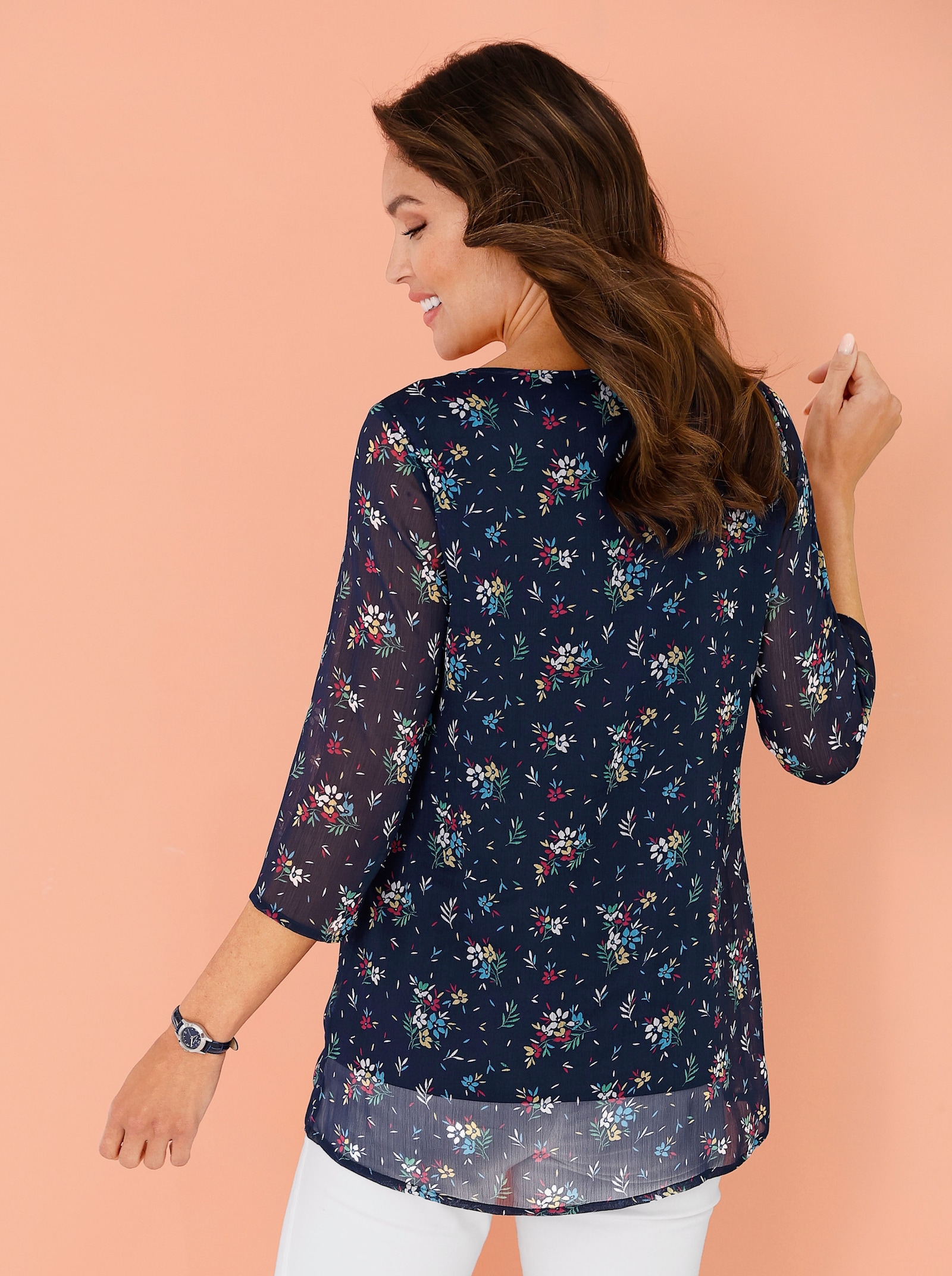 Longbluse im Lagenlook mit Chiffon - marine-pink-bedruckt