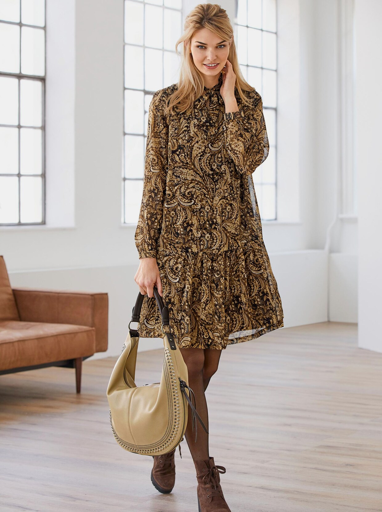 Linea Tesini Druck-Kleid - schoko-ocker-bedruckt