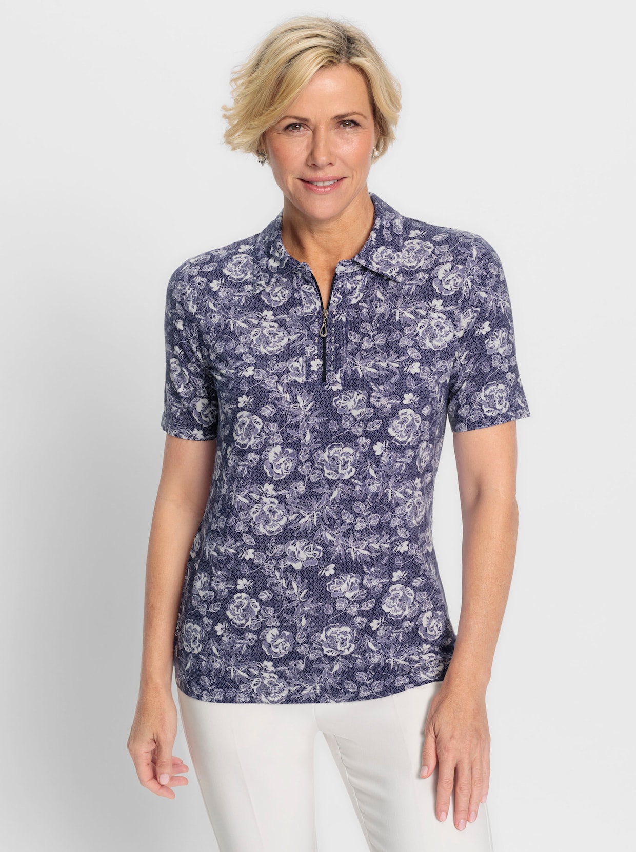 Poloshirt - marine-ecru-bedruckt