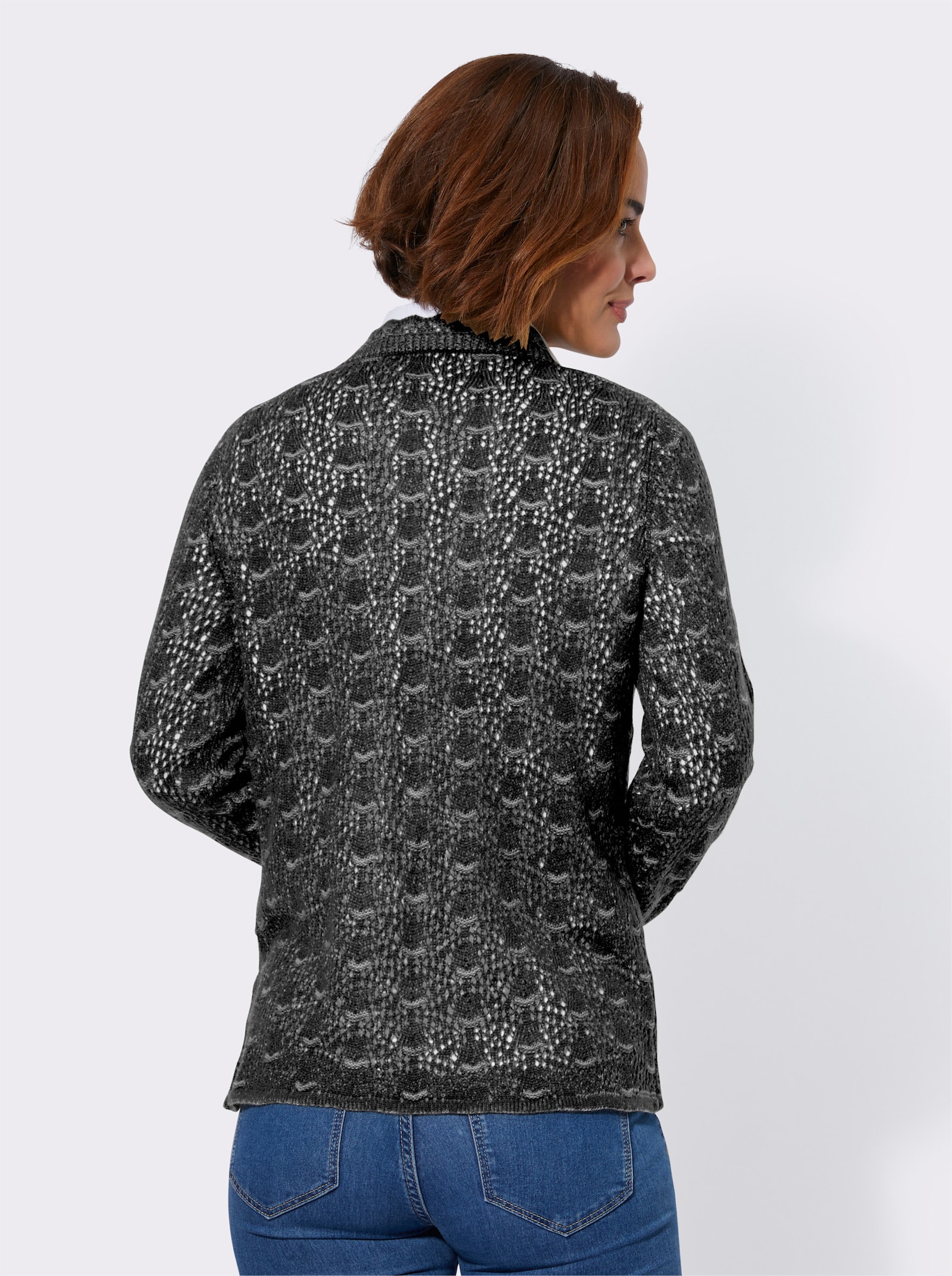  Ajourstrickjacke mit gebogten Abschlüssen - schwarz-meliert