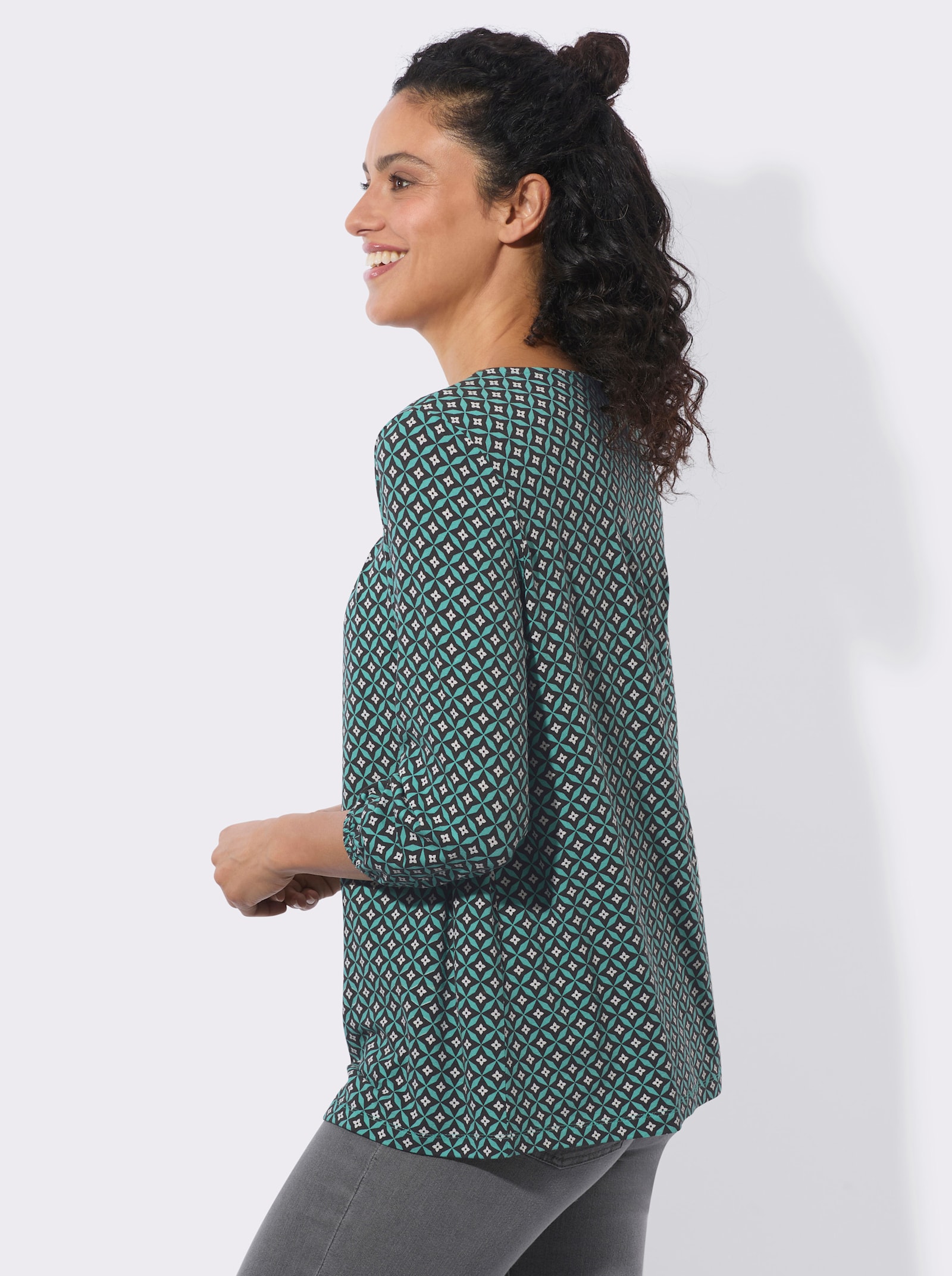 3/4-Arm-Shirt mit Gummizug am Ärmel - salbei-graphit-bedruckt