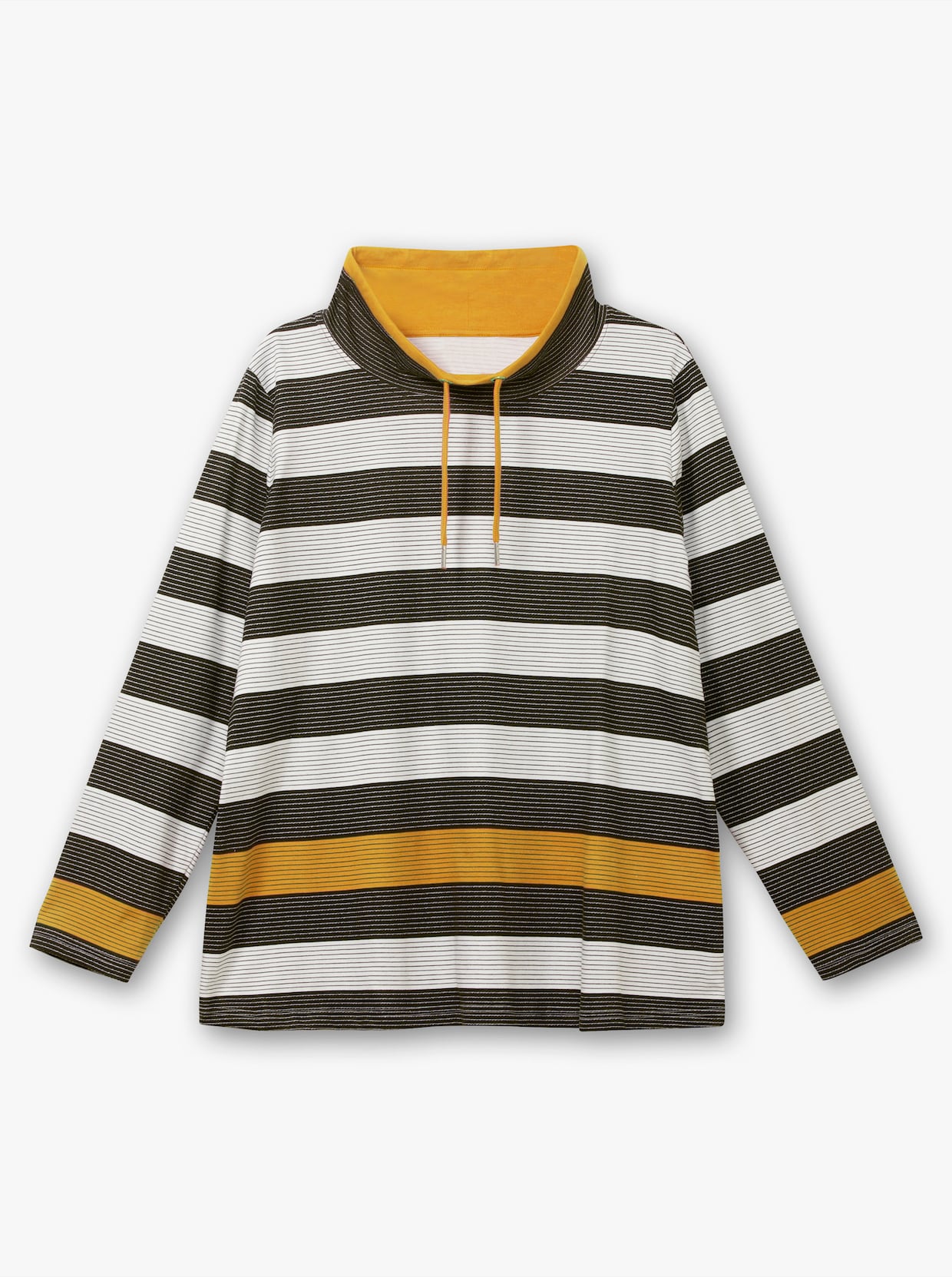 Stehkragenshirt mit weitenregulierbarem Kragen - ocker-schwarz-geringelt