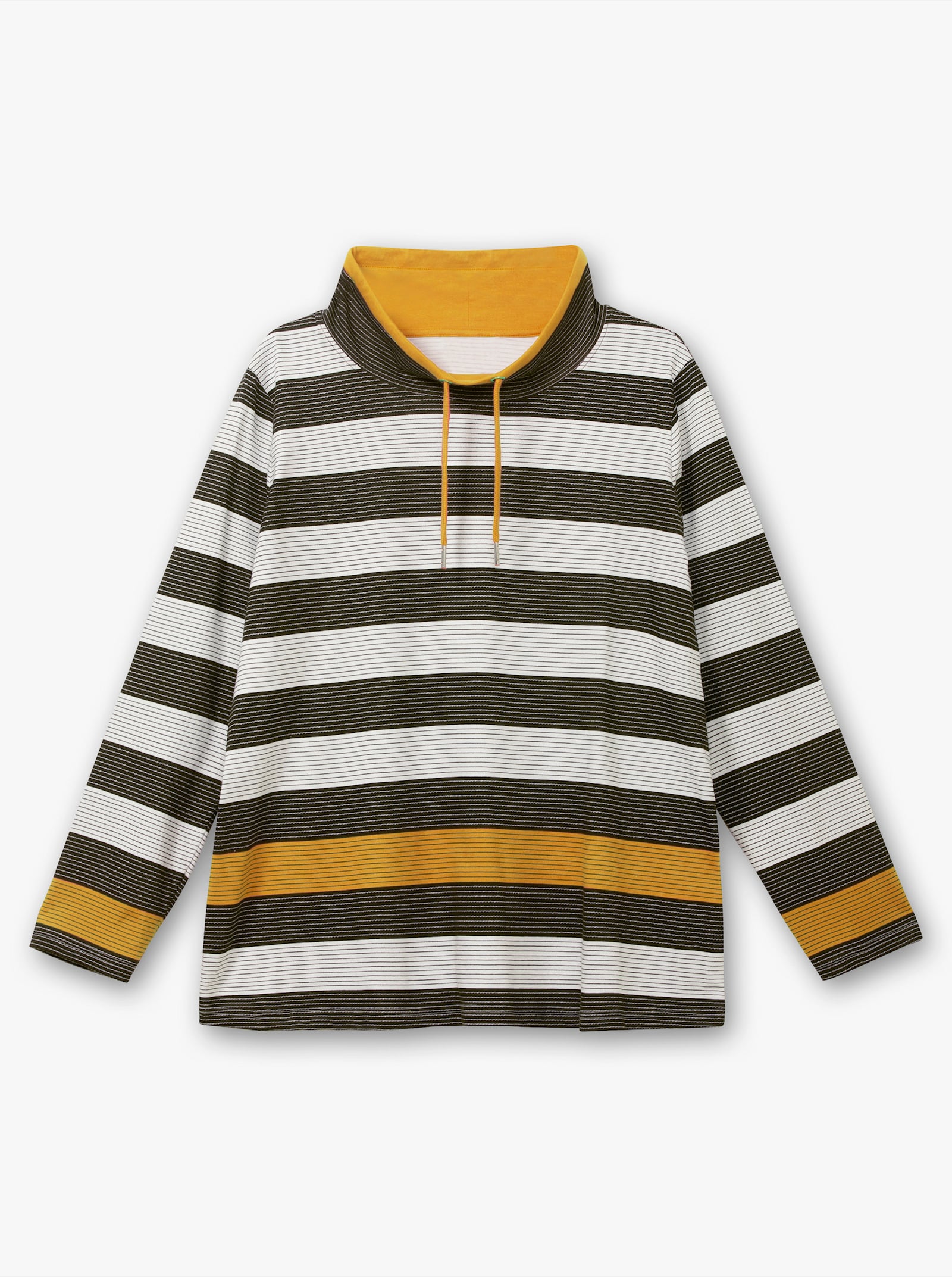 Stehkragenshirt mit weitenregulierbarem Kragen - ocker-schwarz-geringelt