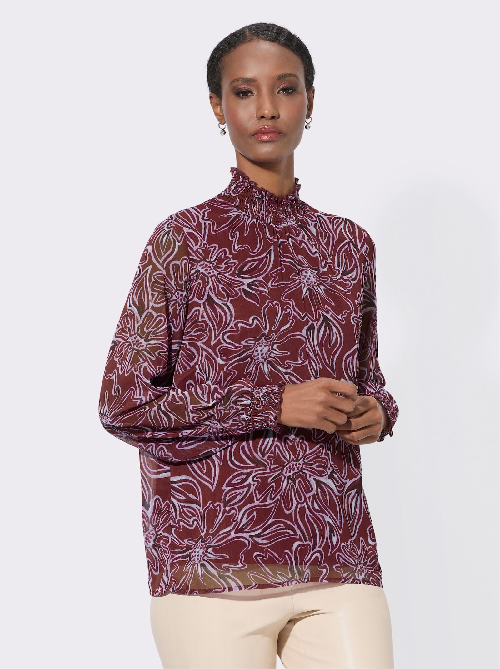 Druckbluse mit gesmoktem Stehkragen - bordeaux-flieder-bedruckt