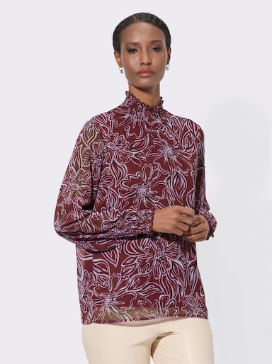 Druckbluse mit gesmoktem Stehkragen - bordeaux-flieder-bedruckt