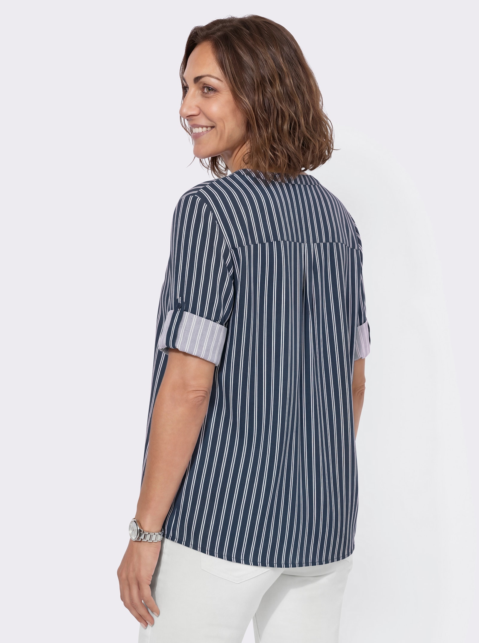Gestreifte Bluse mit hinten abgerundetem Saum - dunkelblau-ecru-gestreift