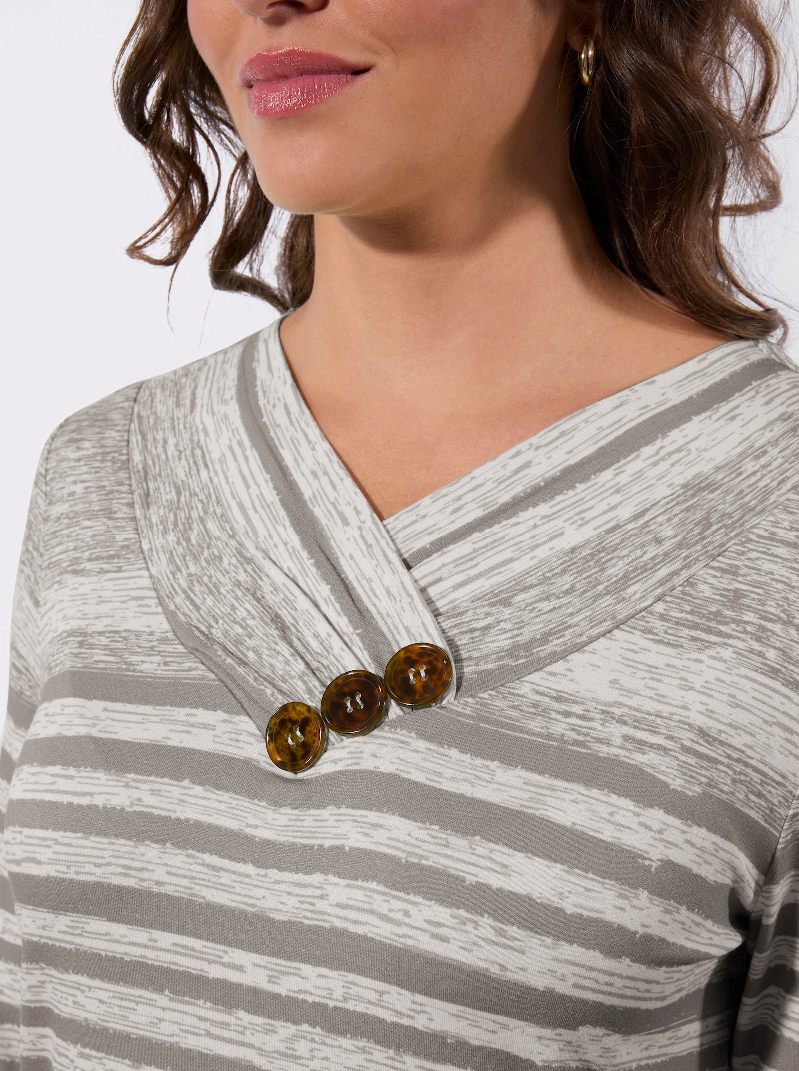 V-shirt met op dessin geplaatste print - taupe/ecru geprint