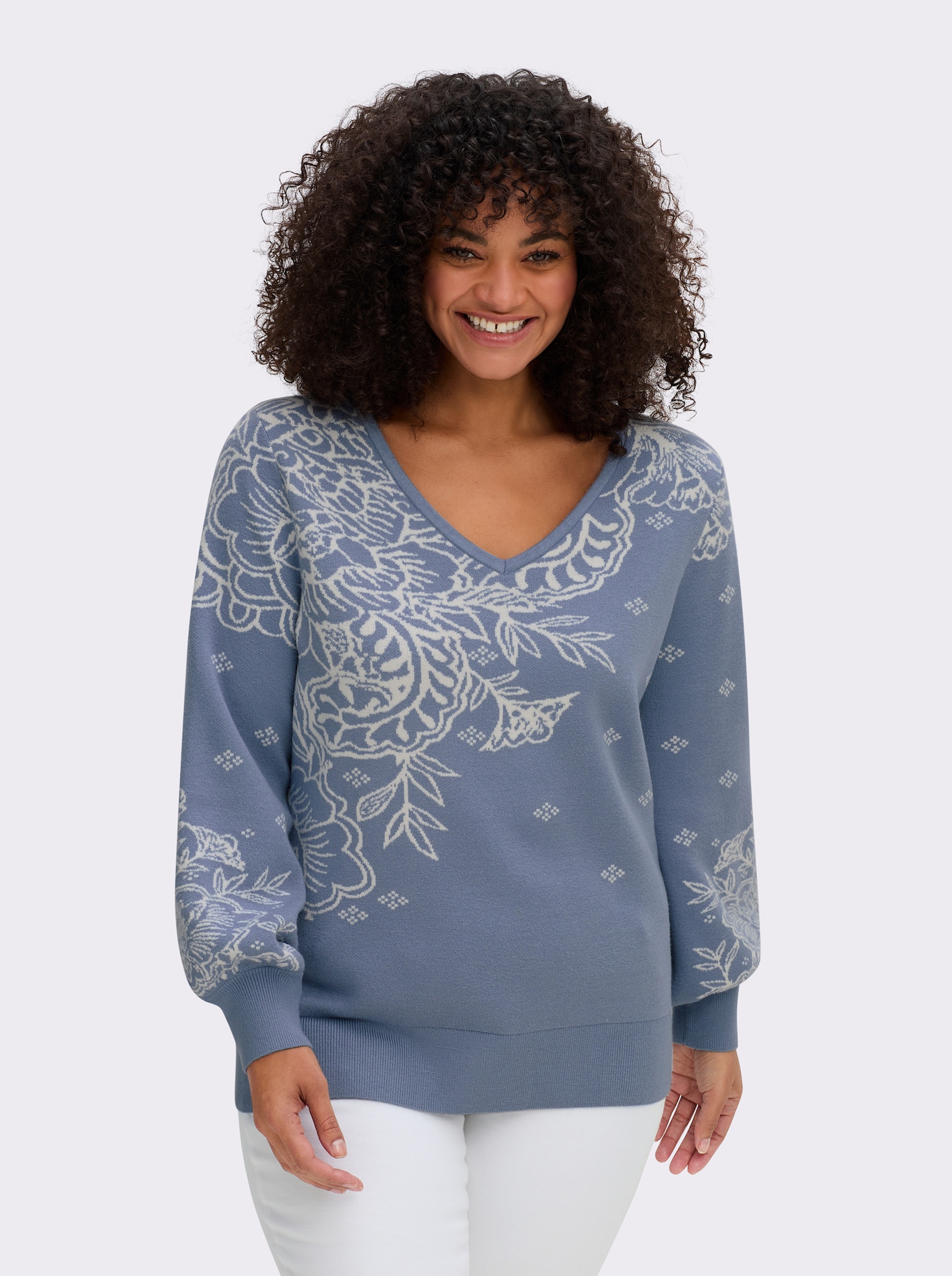 sheego by Joe Browns Jacquardpullover mit Blüten - taubenblau-champagner-gemustert