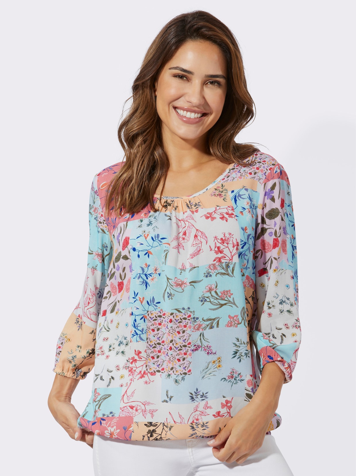 Comfortabele blouse - mint/roze geprint