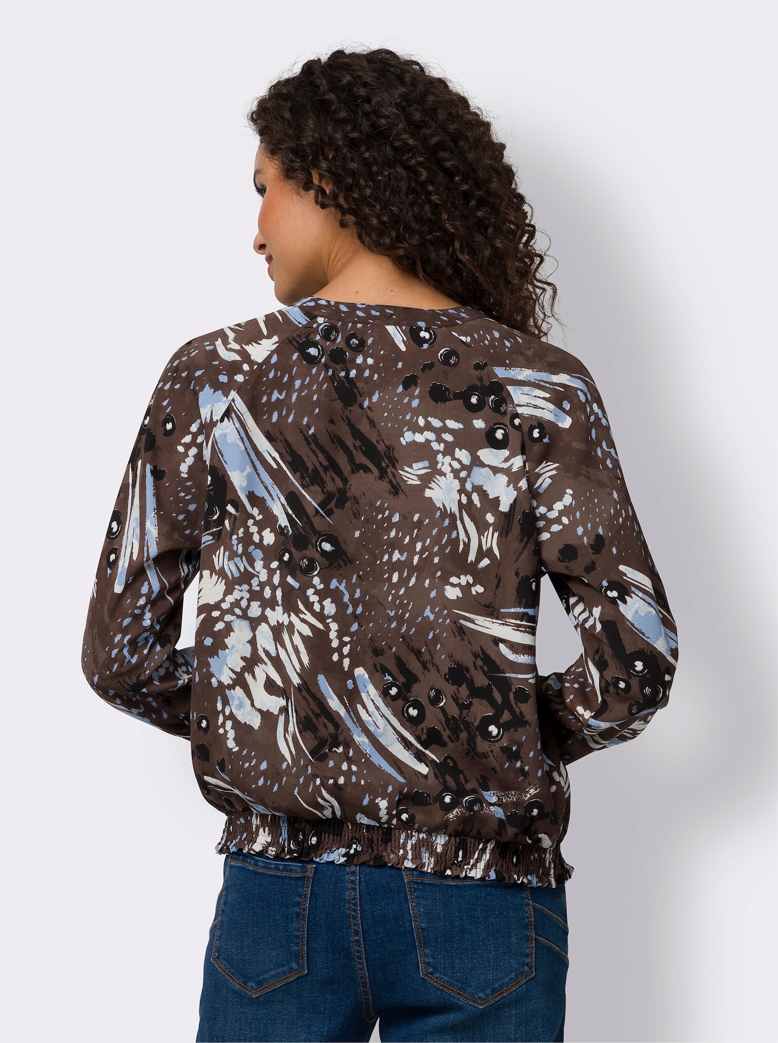 heine Druckbluse mit gesmoktem Saum - schoko-himmelblau-bedruckt