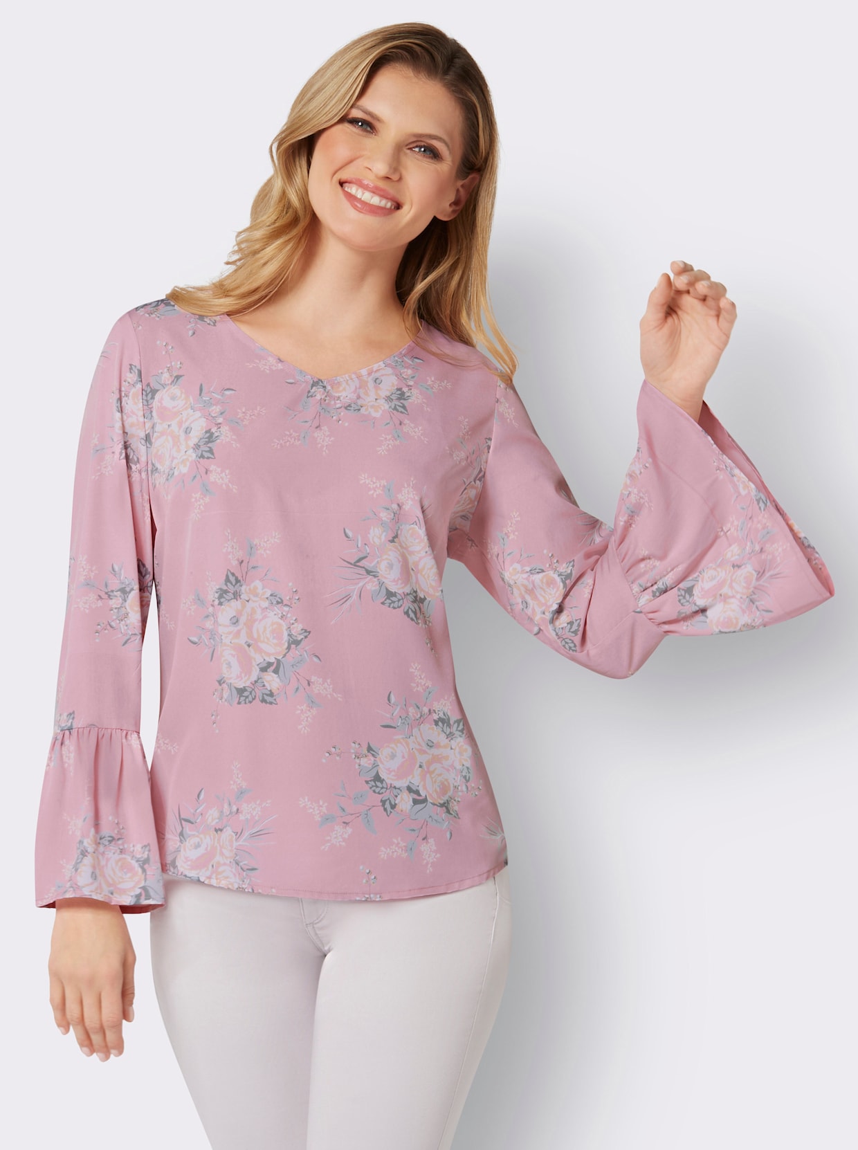 Langarm-Bluse - hortensie-ecru-bedruckt