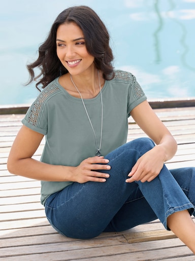 Rundhalsshirt mit Spitze an der Schulter - jade