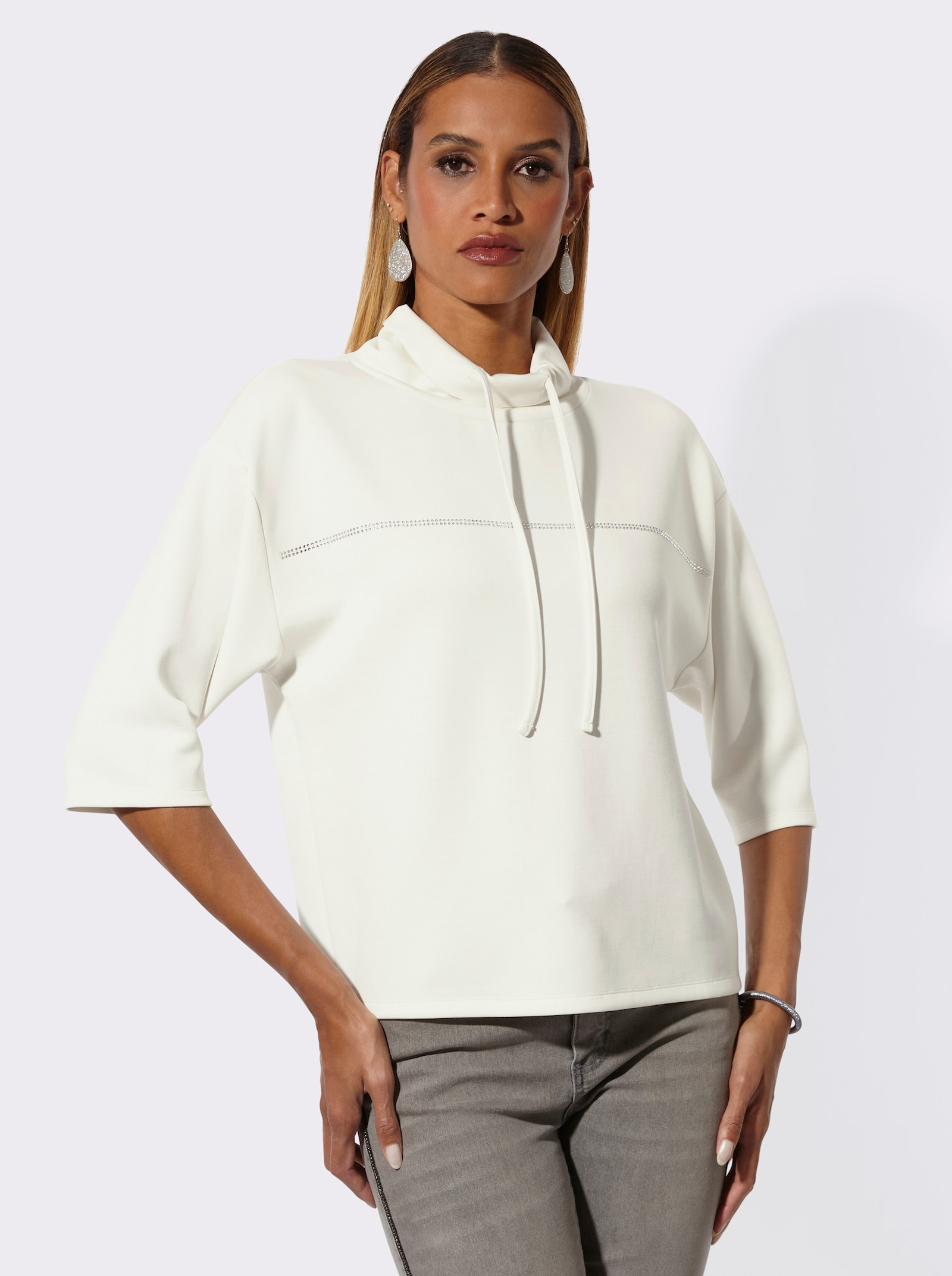 Sweatshirt mit Glitzersteinchen - ecru