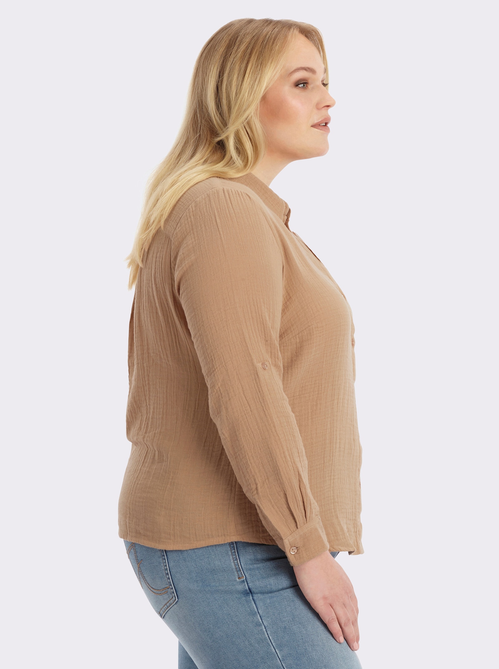 Baumwollbluse mit krempelbaren Ärmeln - camel