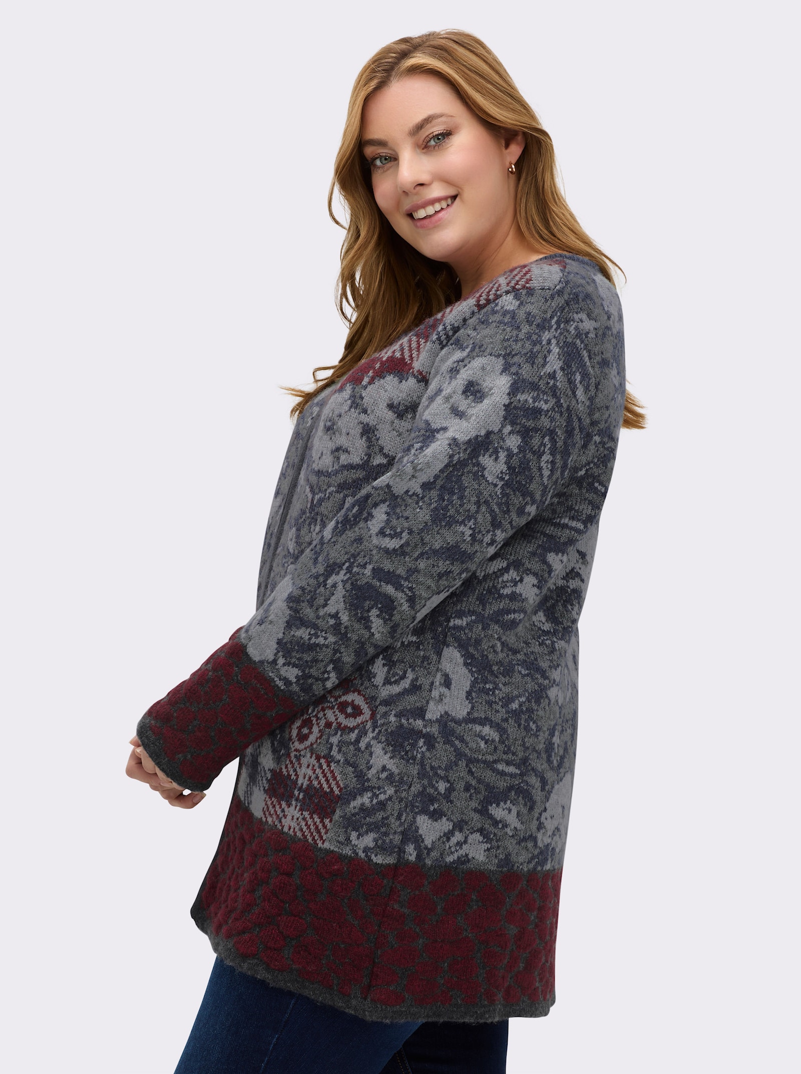 Jacquardstrickjacke für Drinnen und Draußen - rauchblau-gemustert