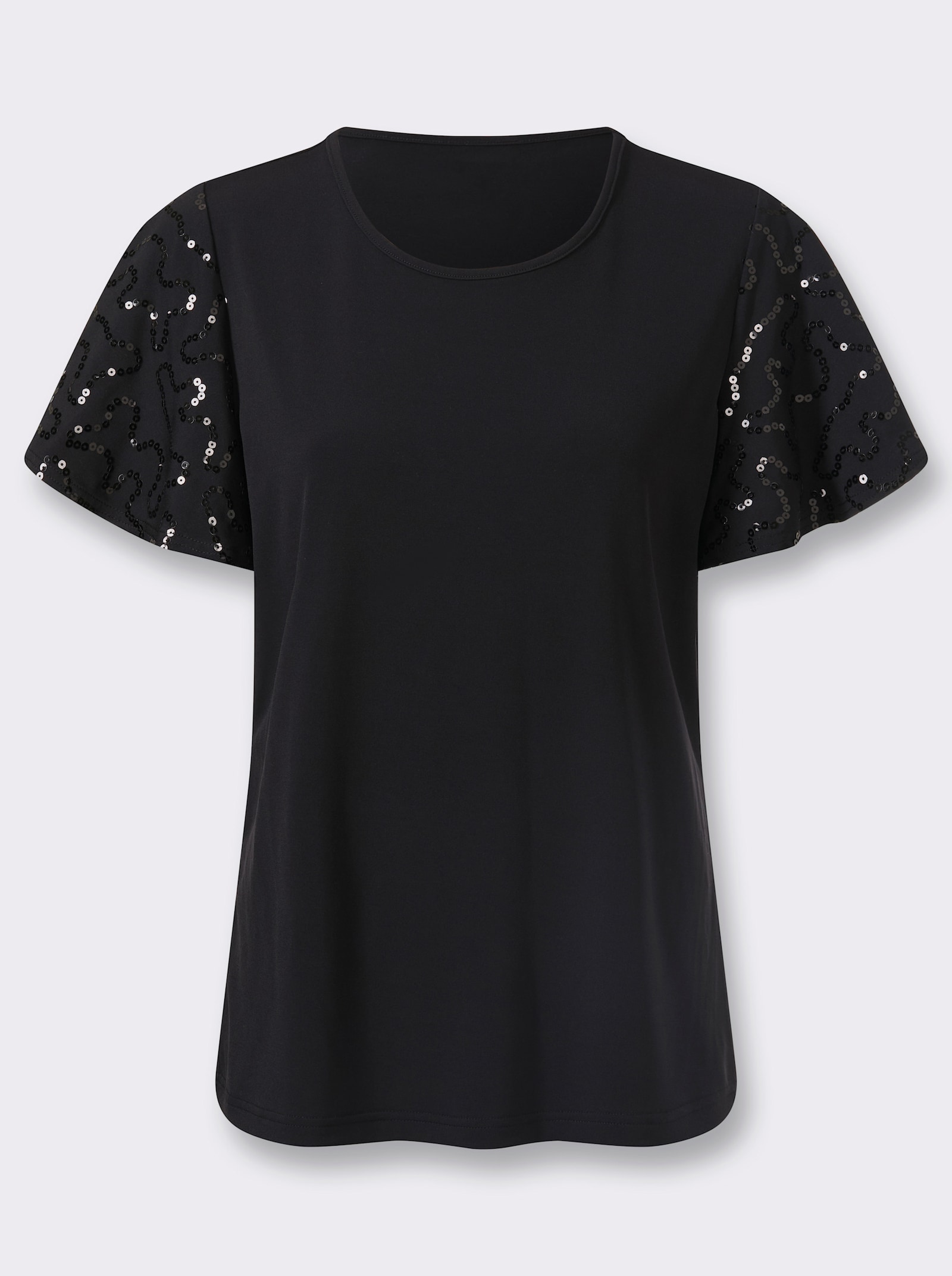 Kurzarmshirt mit Pailletten-Deko an den Ärmeln - schwarz
