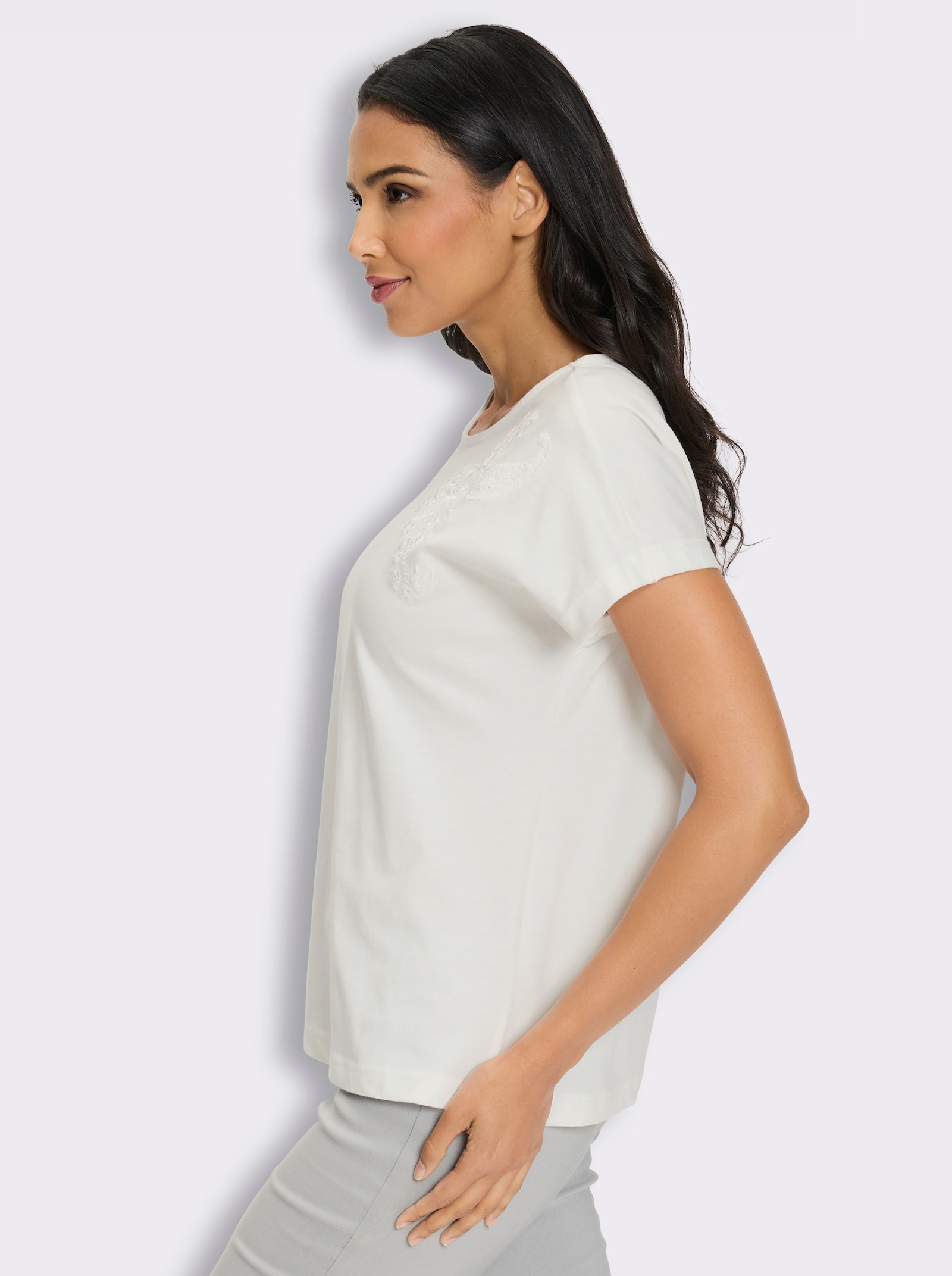 Kurzarmshirt mit Blumen-Stickerei - ecru