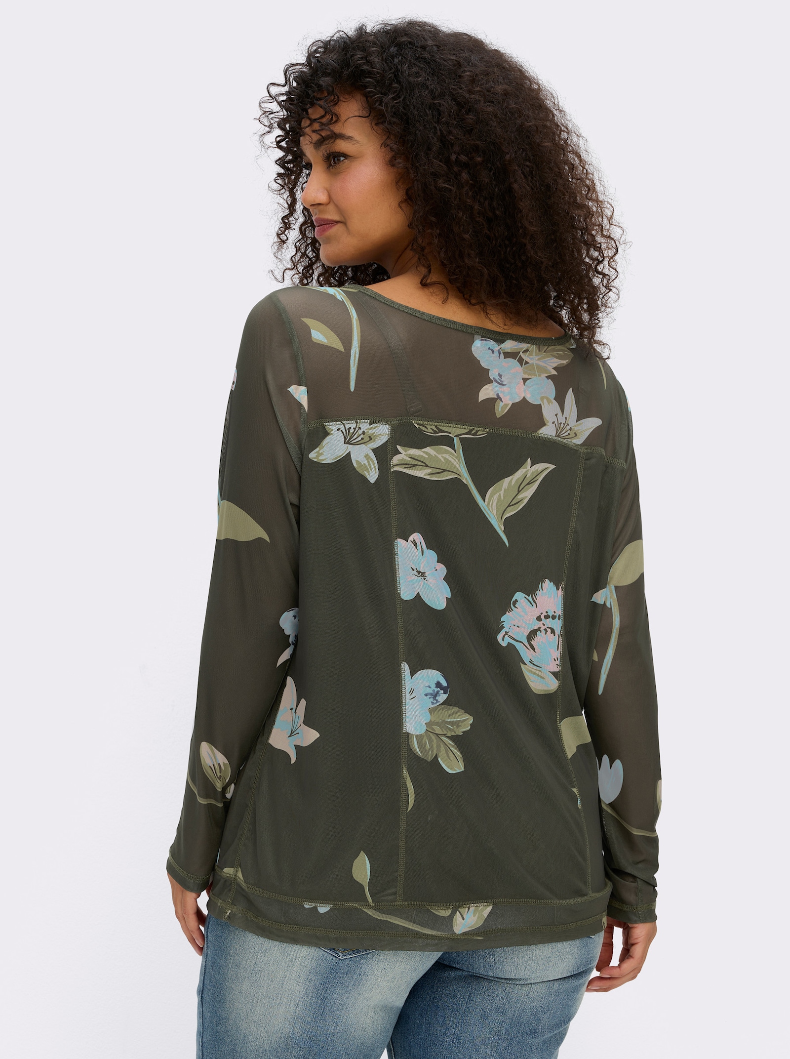 sheego by Joe Browns Shirt met lange mouwen en bloemenprint - mos/ecru gedessineerd