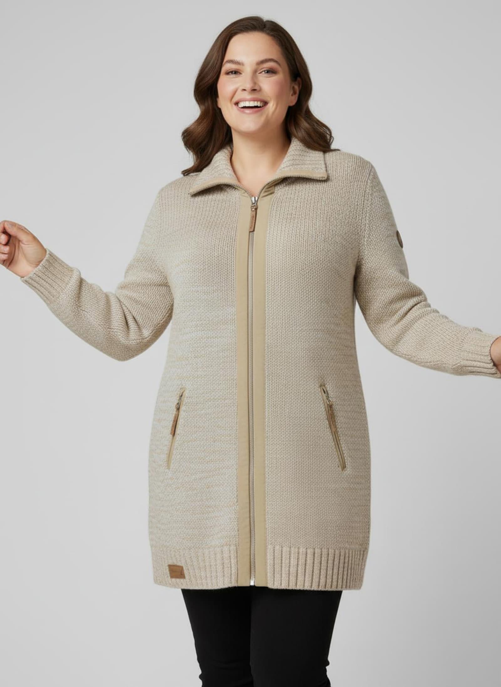 Longstrickjacke mit Troyerkragen - camel-ecru-meliert