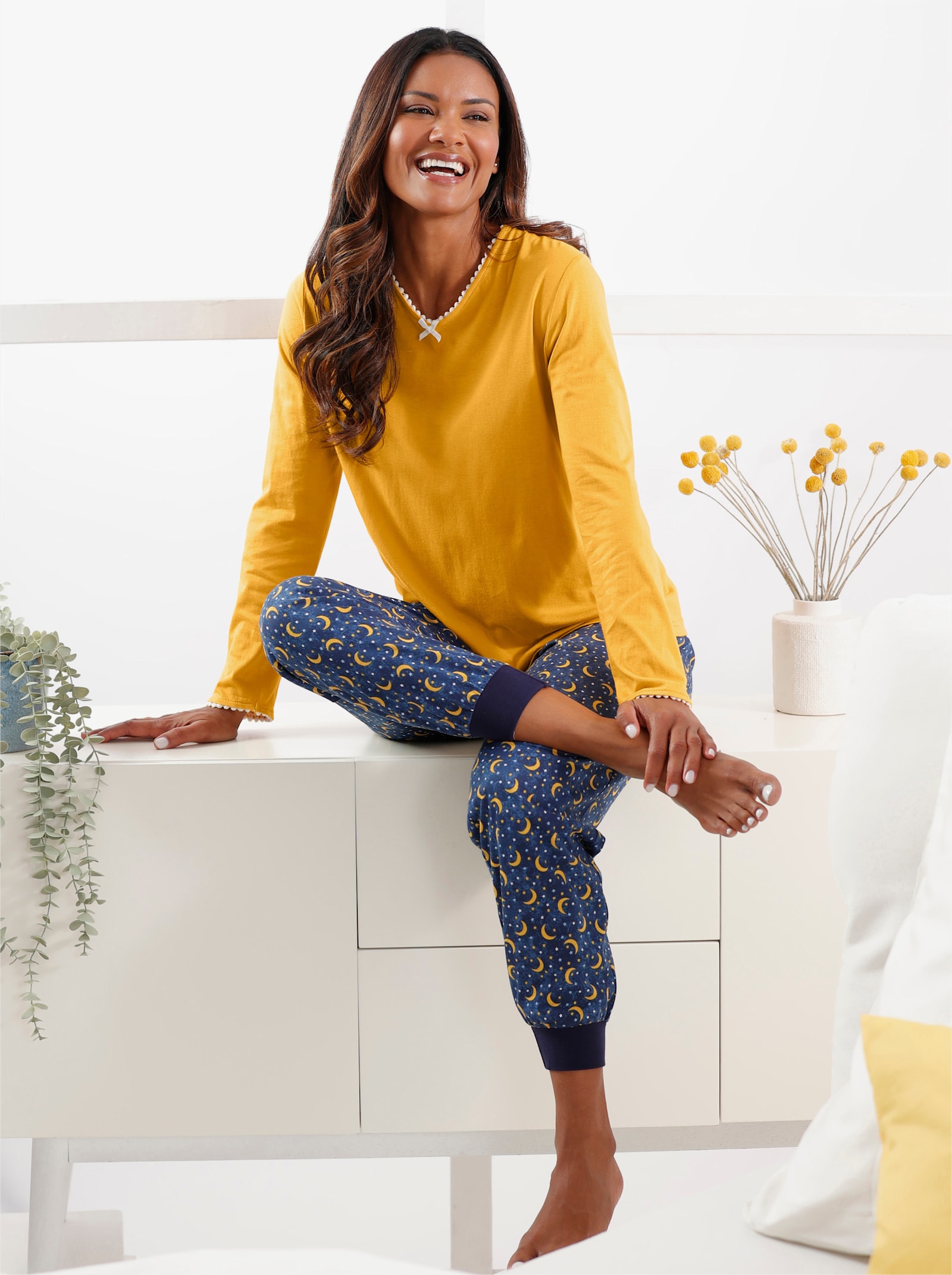 wäschepur Schlafanzug-Hose - marine-ocker-bedruckt