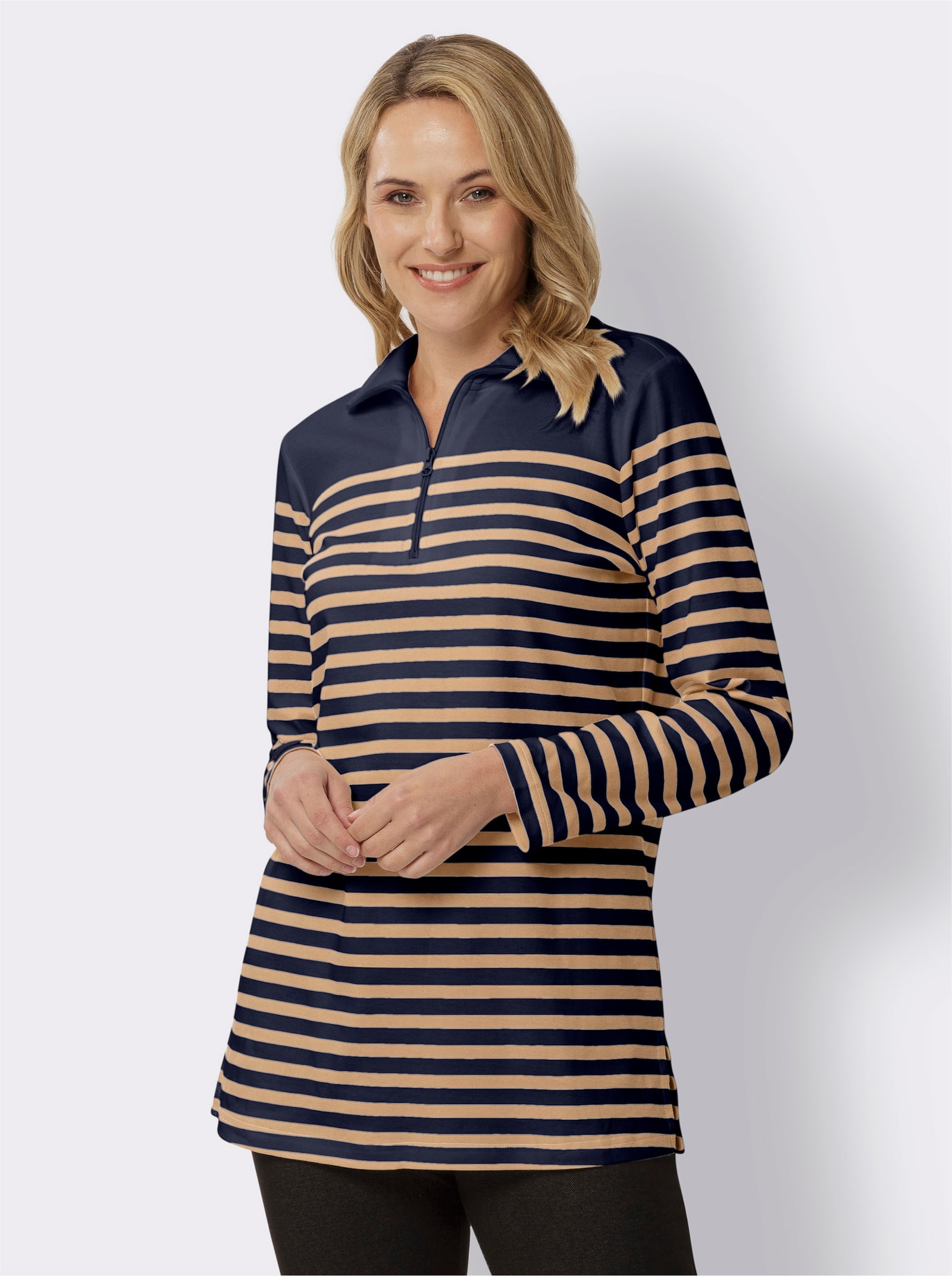 Longsweatshirt aus reiner Baumwolle - marine-camel-gestreift