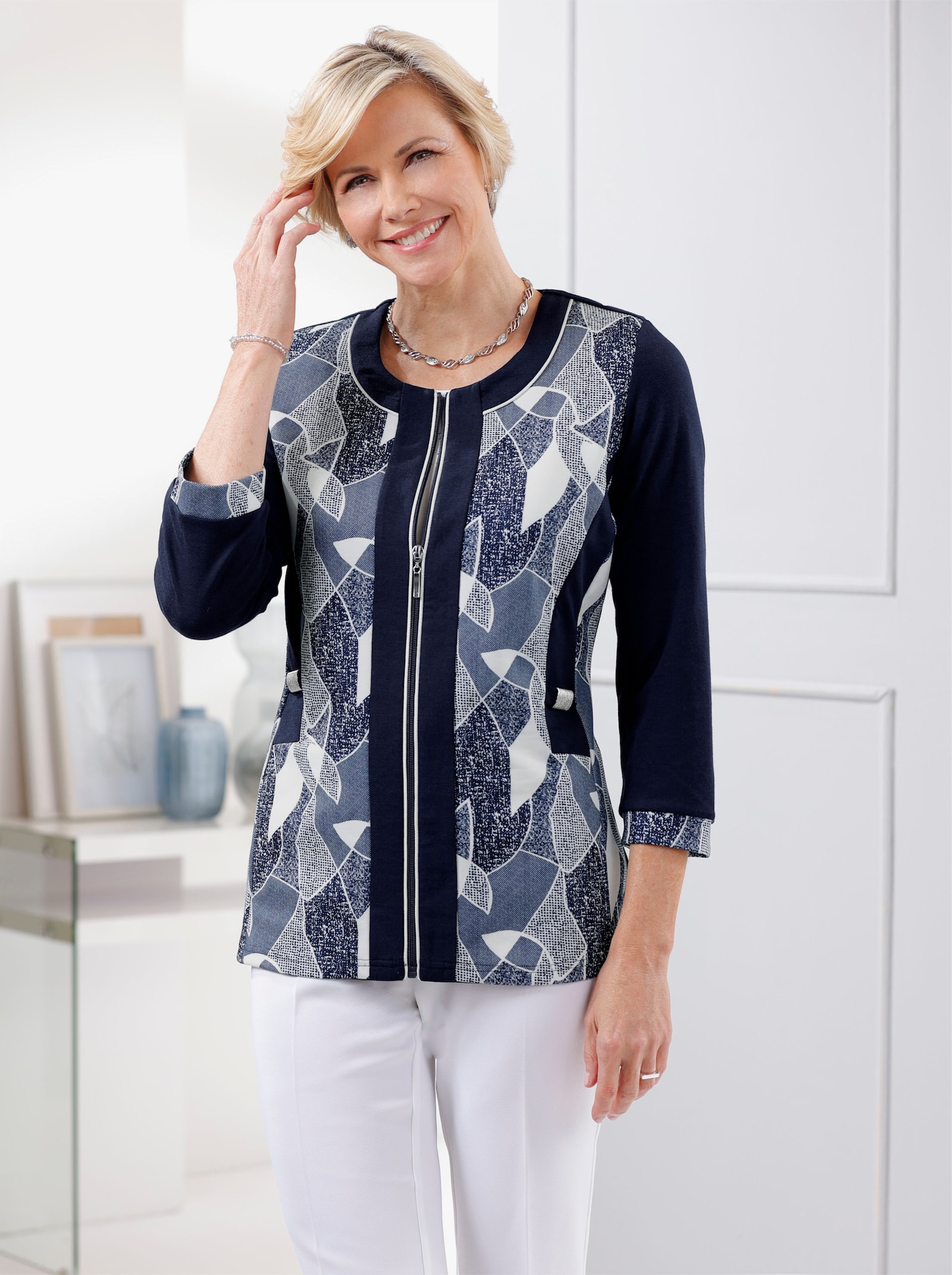 Shirtjasje met contrastinzetten - marine/ecru geprint