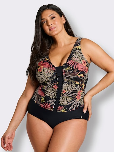 sheego Badeanzug mit tropischem Print - schwarz-burgund-bedruckt