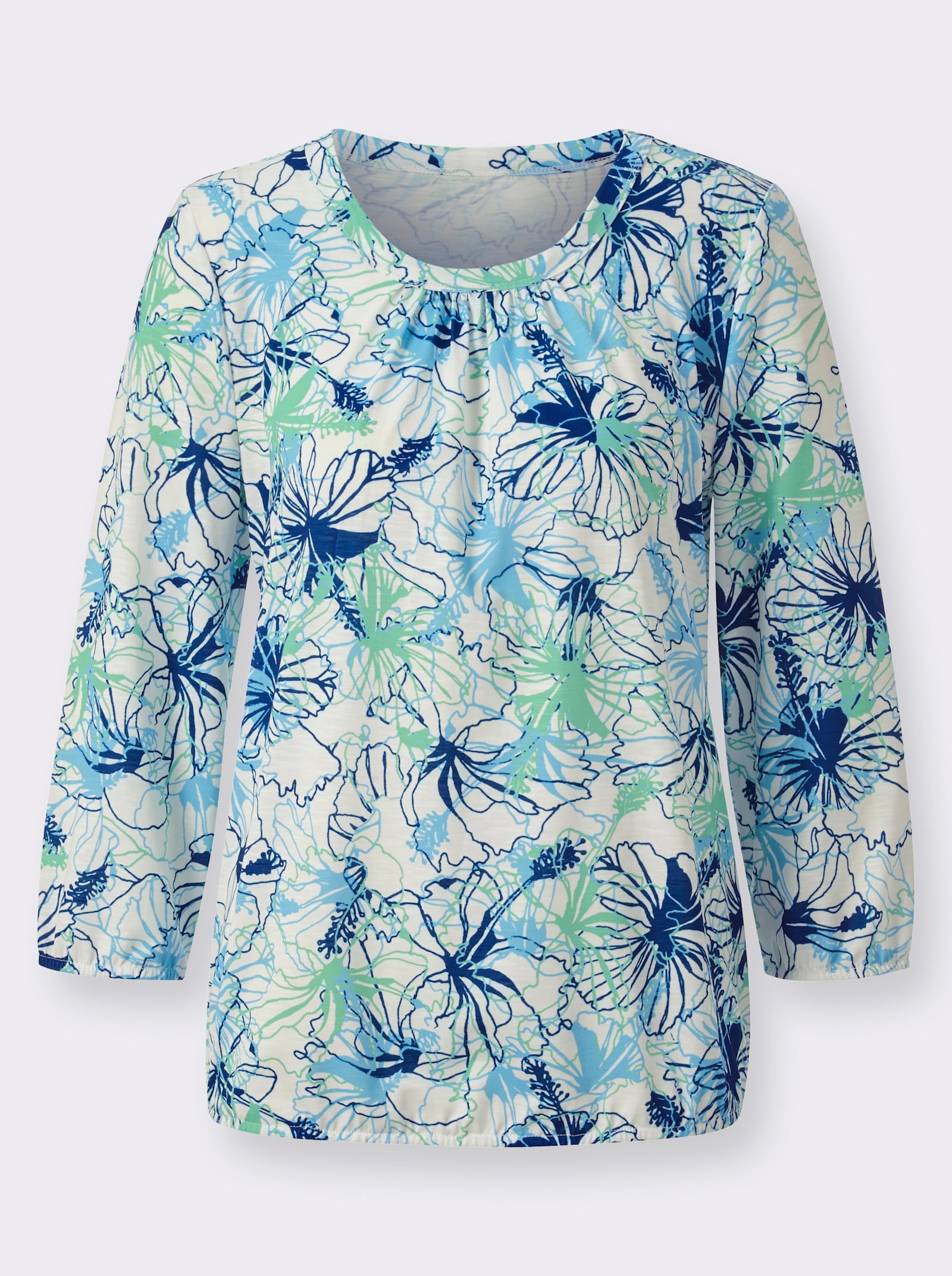 3/4-Arm-Shirt im floralen Dessin - blaugrün-weiß-bedruckt