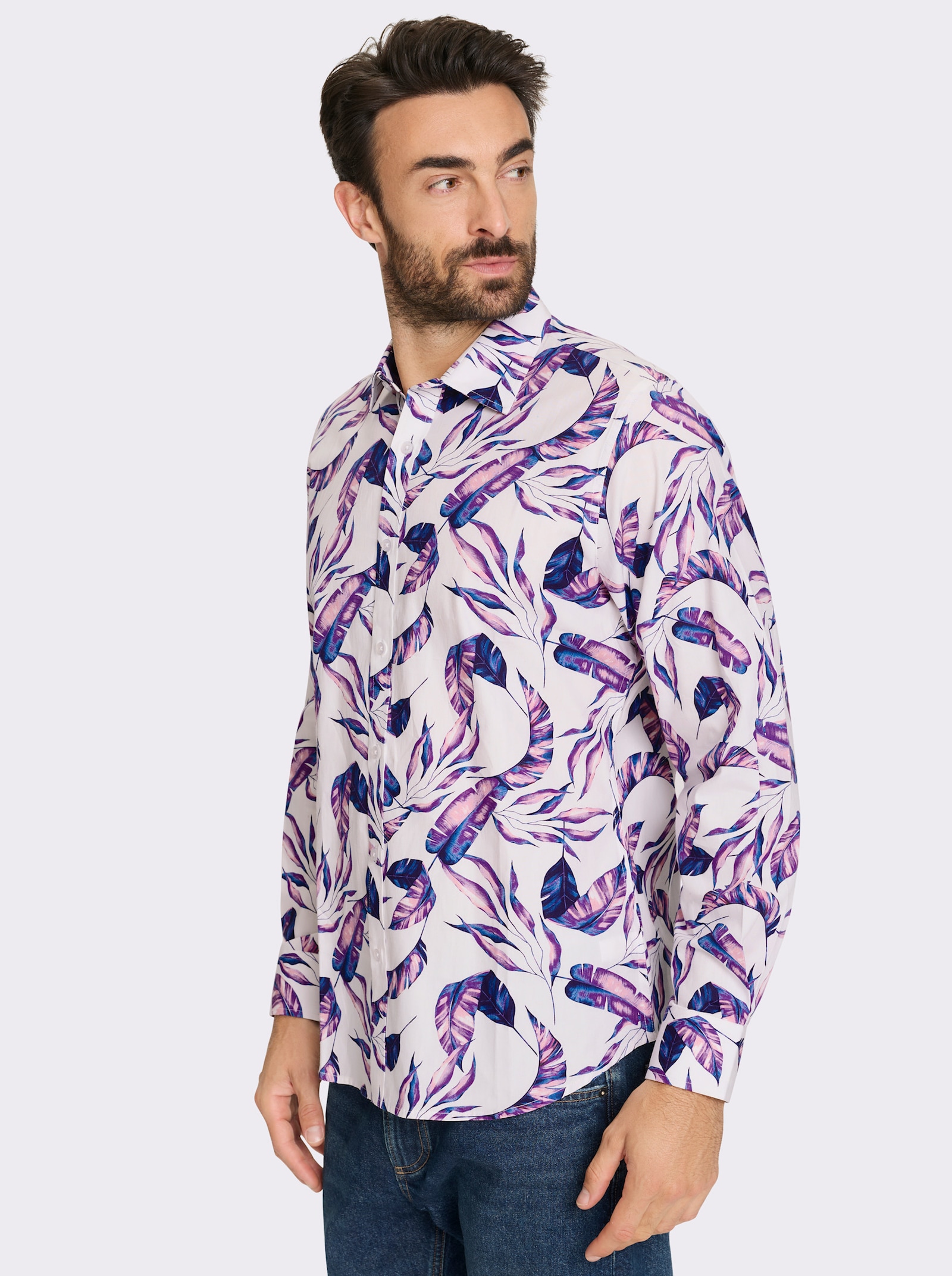Marco Donati Langarmhemd mit Blätter-Print - weiß-lila-bedruckt