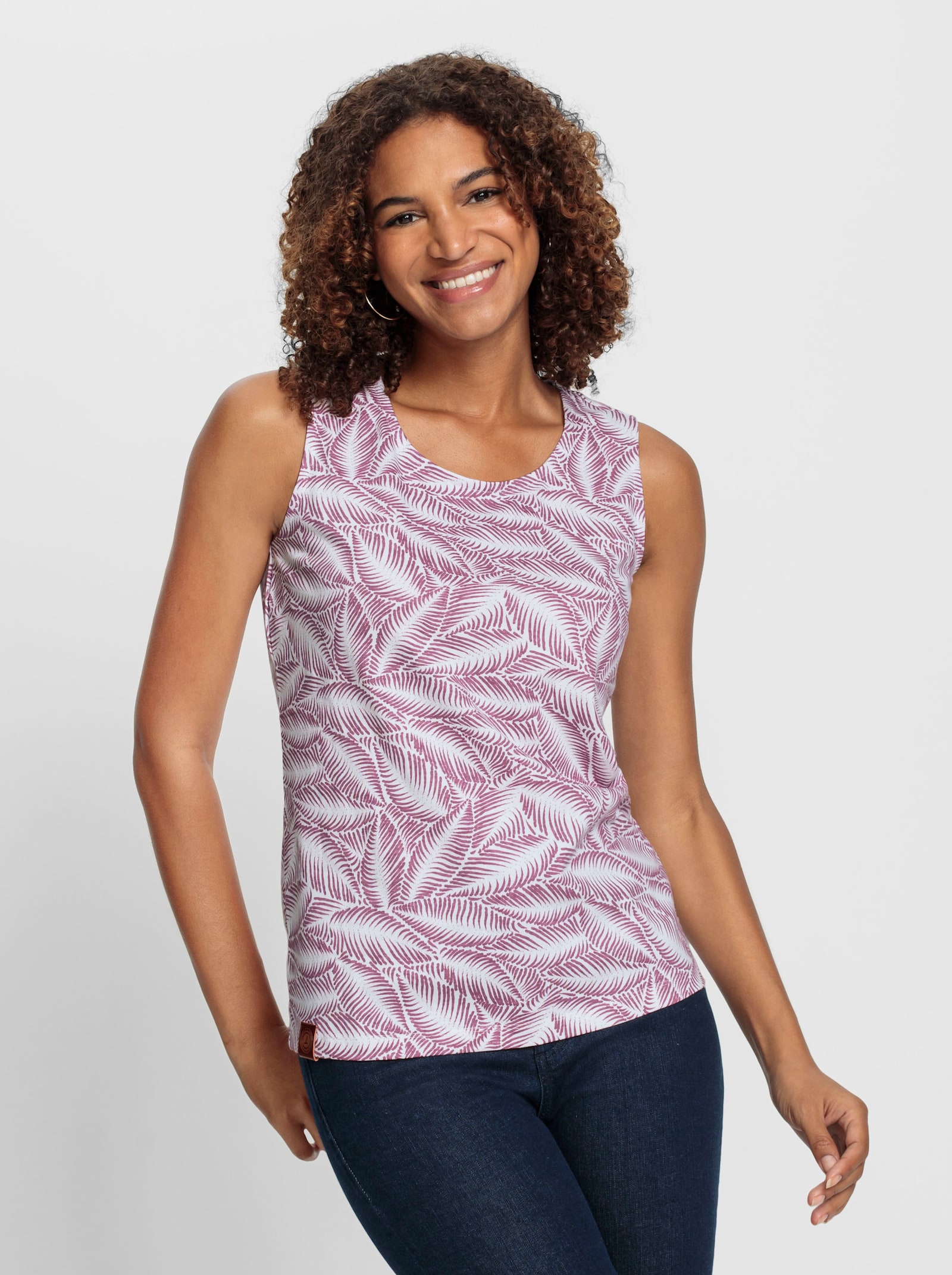 Shirttop im Blätter-Druck - violett-ecru-bedruckt