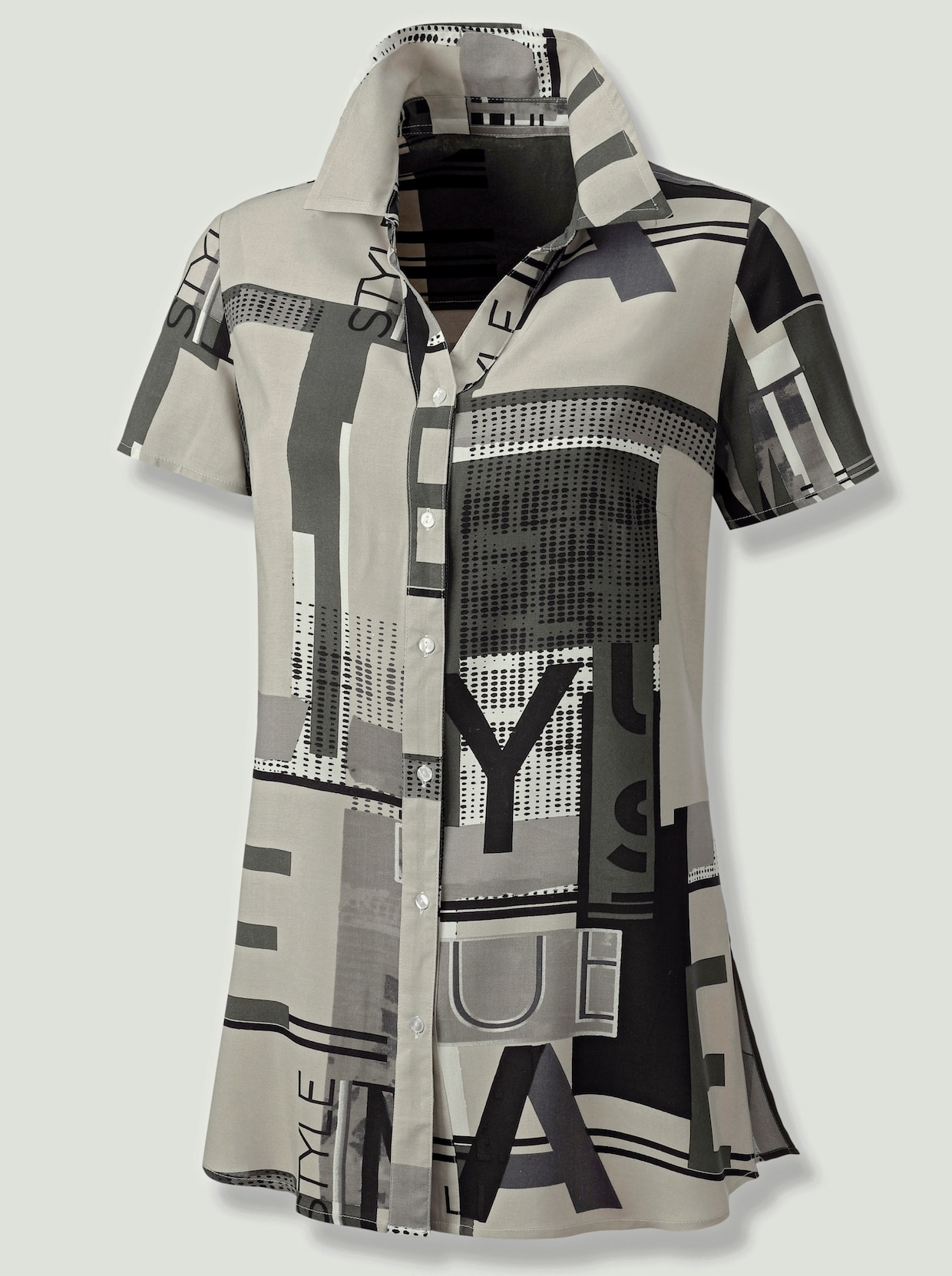 Longbluse - schwarz-ecru-bedruckt