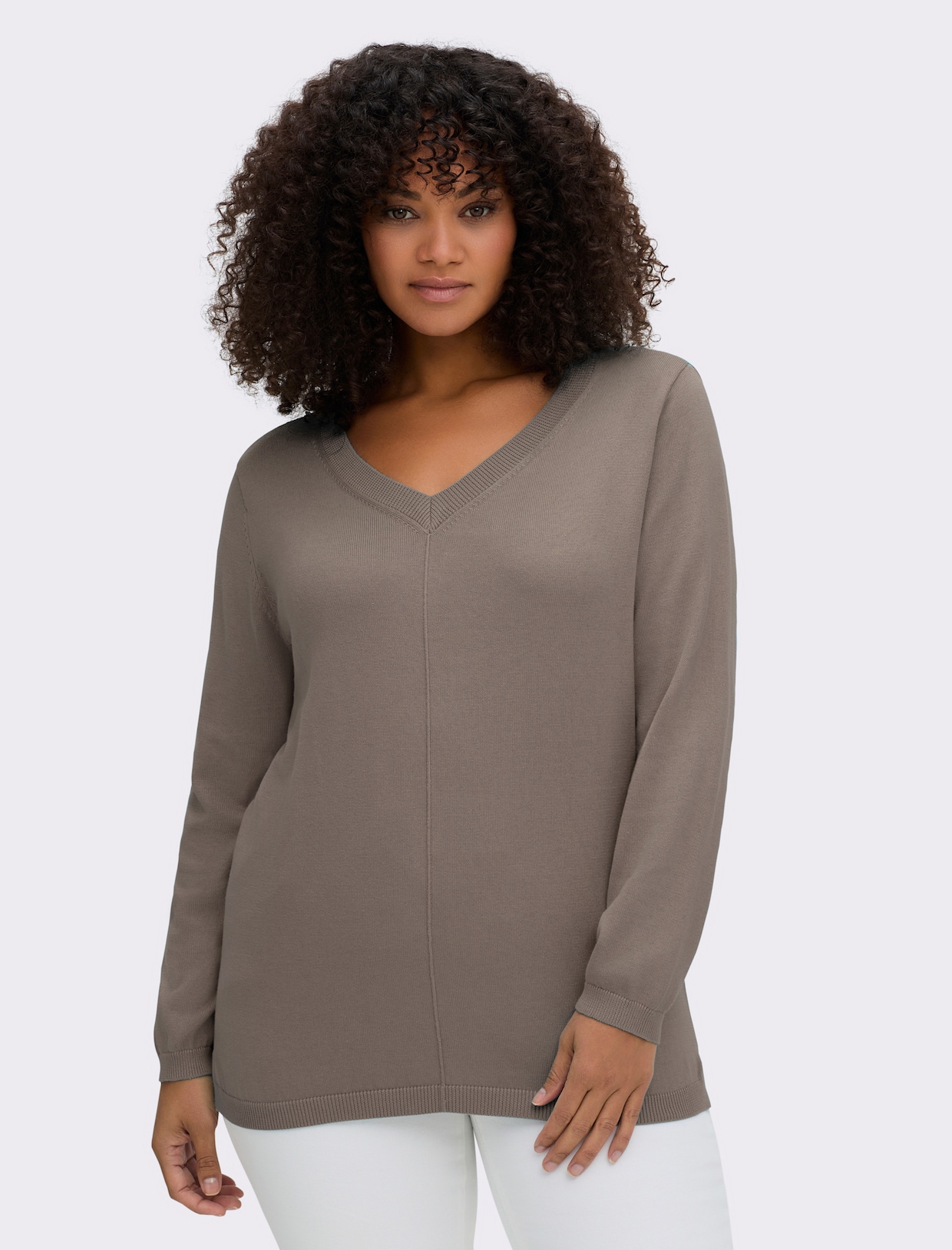V-Ausschnitt-Pullover mit Biesen vorne - taupe